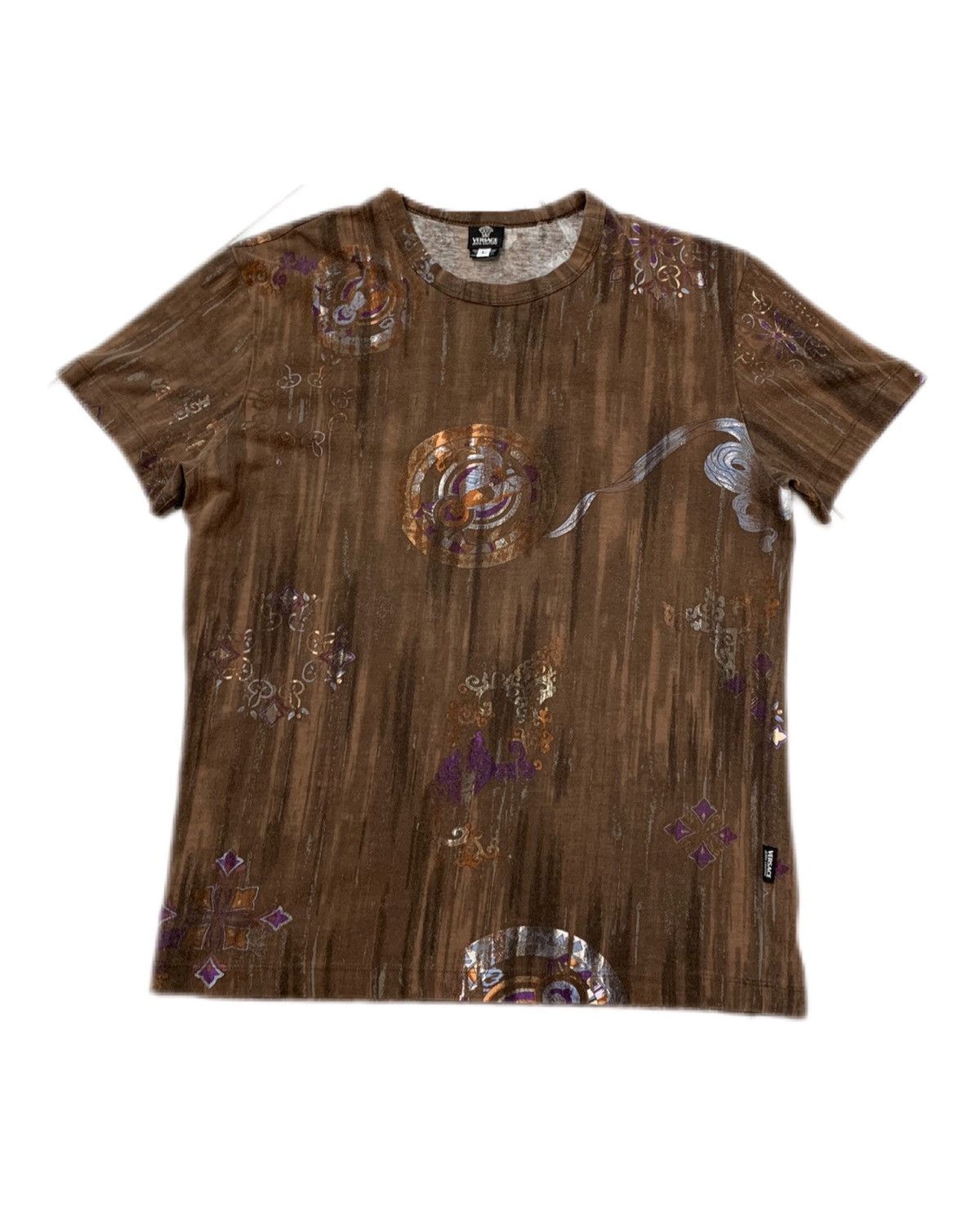90s / Y2k vintage Rare Versace AOP faded Brown print T-shirt Short Sleeve T Shirts