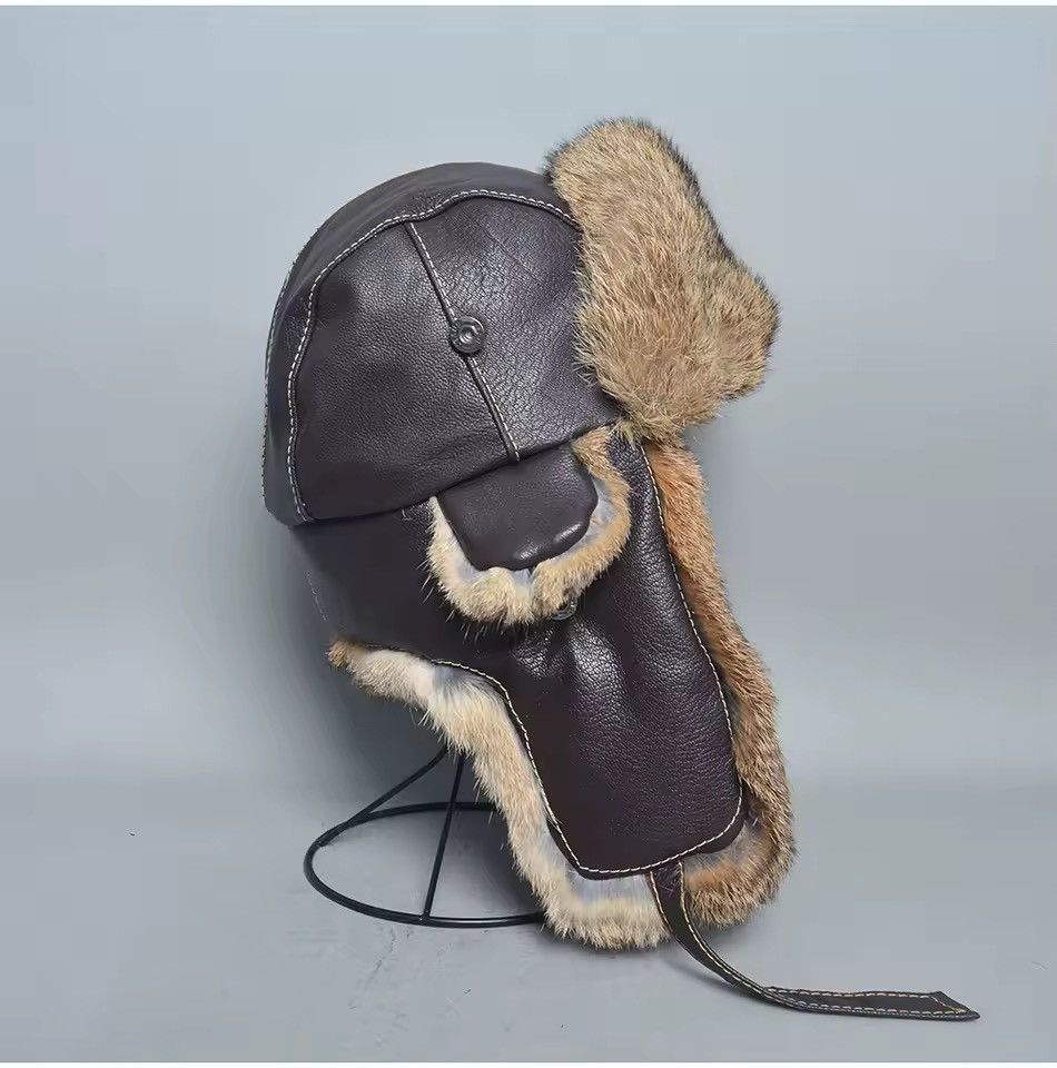 Genuine Leather Genuine Natural Rabbit Fur Leather Trapper Winter Hat Size ONE SIZE - 3 Thumbnail