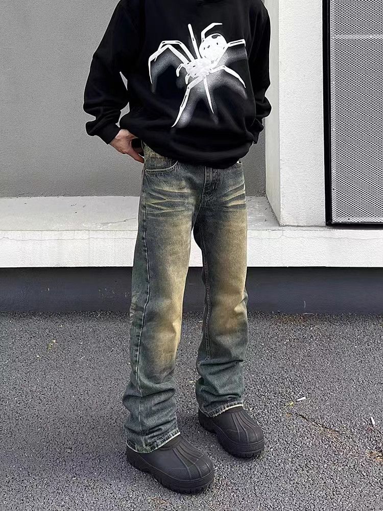 Vintage washed yellow mud slightly flared jeans