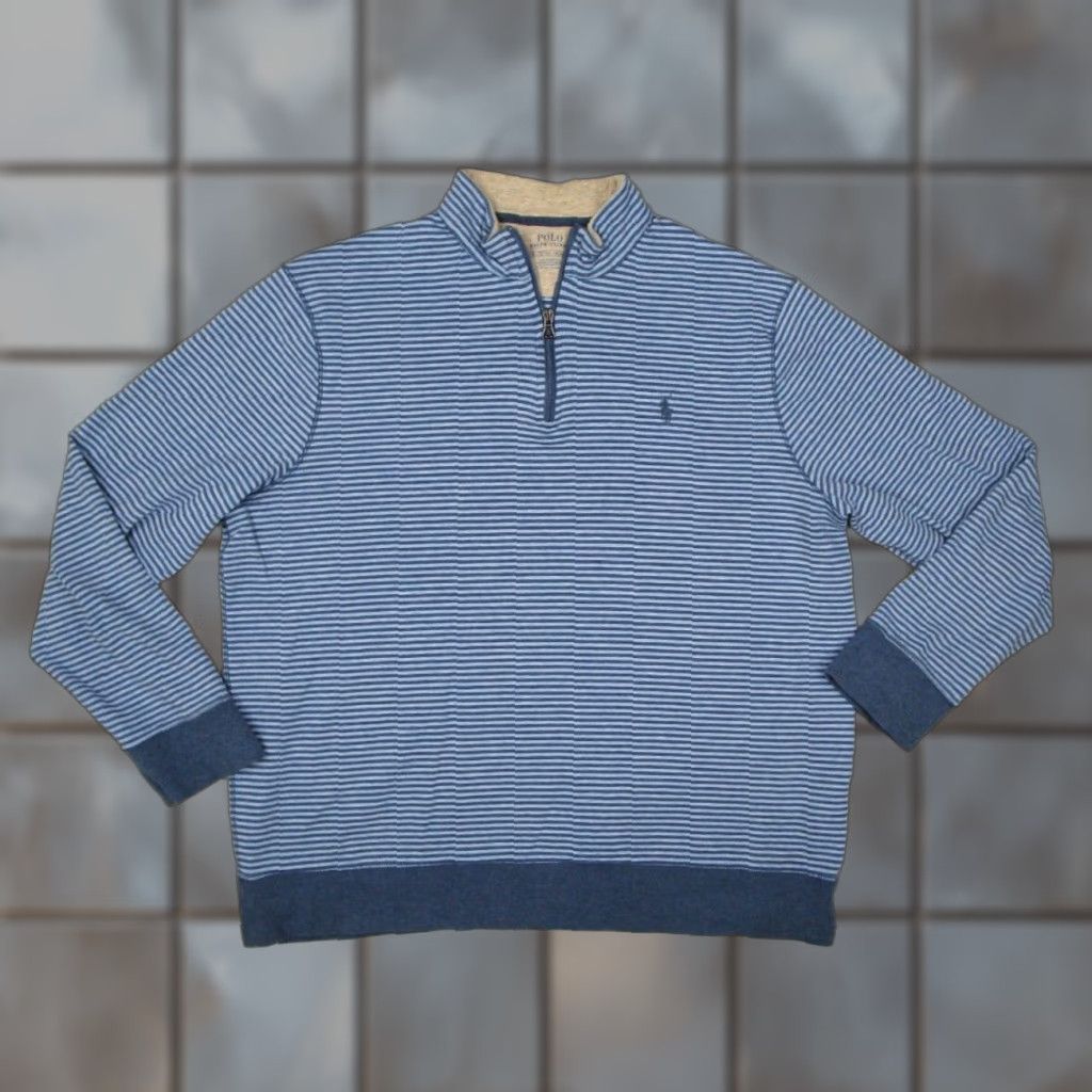 Polo Ralph Lauren Polo Ralph Lauren Sweater Men XL Blue Striped 1/4 Zip Pullover Cotton Blend Casual Outdoor Mens Size US XL / EU 56 / 4 - 1 Thumbnail