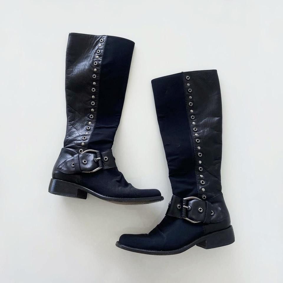 image of Donald J Pliner Vintage Black Studded Riding Boots With Buckle, Women's (Size 7)