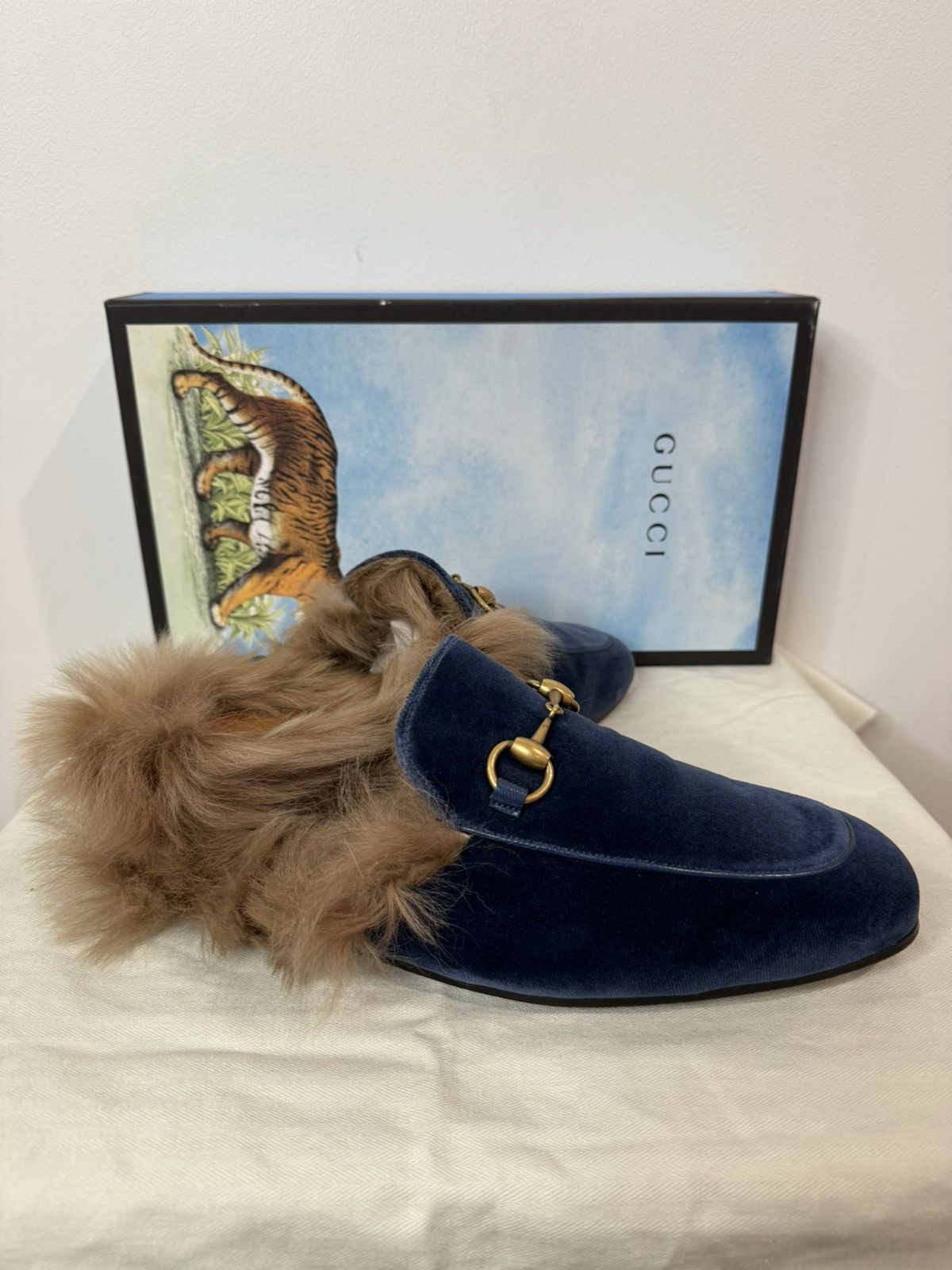 Gucci Fria GG Horsebit Espadrille Loafer Blue Size 7.5G men dress shoe Wool Fur Gucci Blue velvet fur loafer | Grailed main image 4
