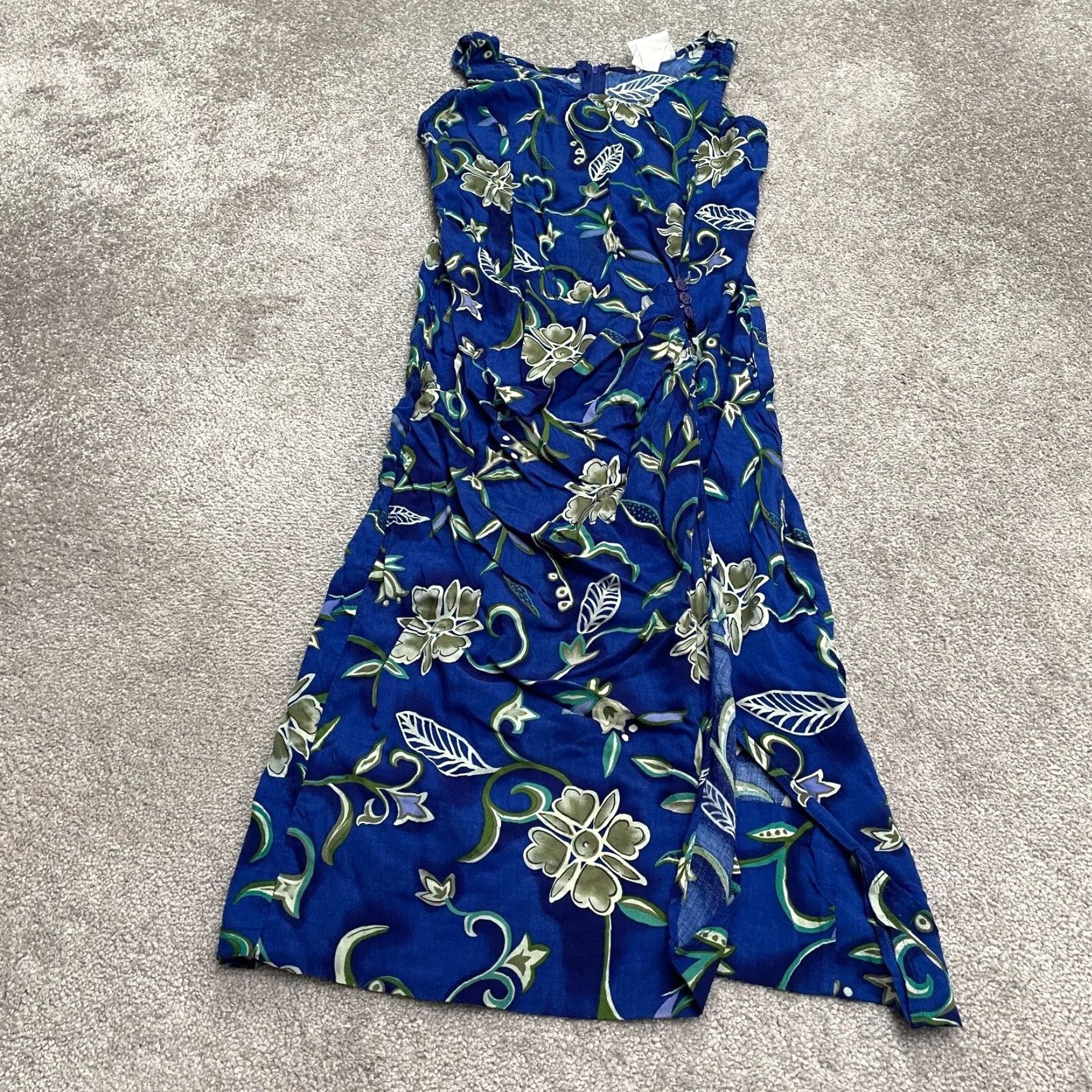 Vintage VINTAGE Studio Ease Blue Floral Midi Wrap Dress Womens 10 Sleeveless Slit Rayon Knit Strappy Sleeve 90s Bohemian Style - Mens? Women? Size L / US 10 / IT 46 - 2 Thumbnail