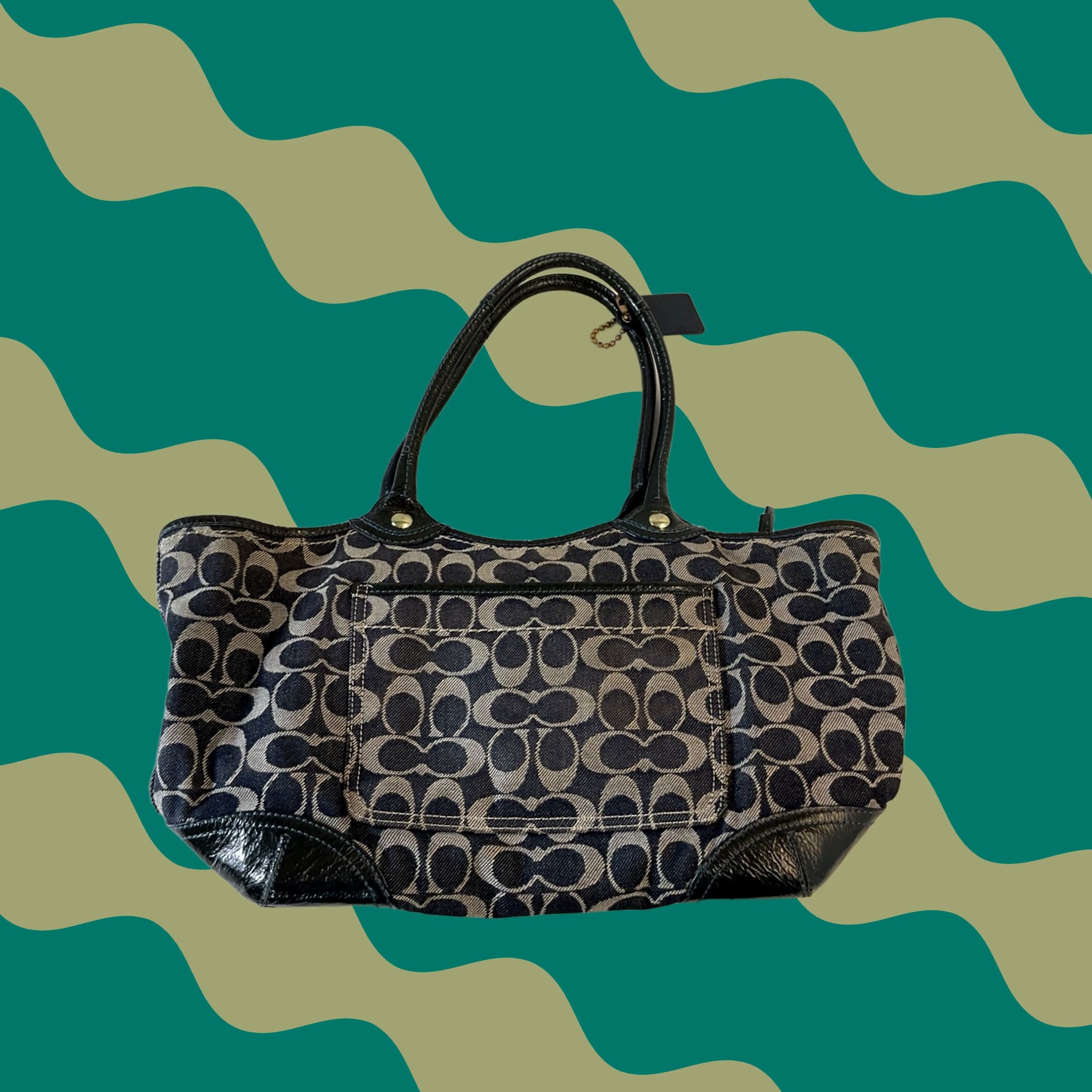 VINTAGE Coach Navy Black Canvas Patent Leather Tote Shoulder Bag 