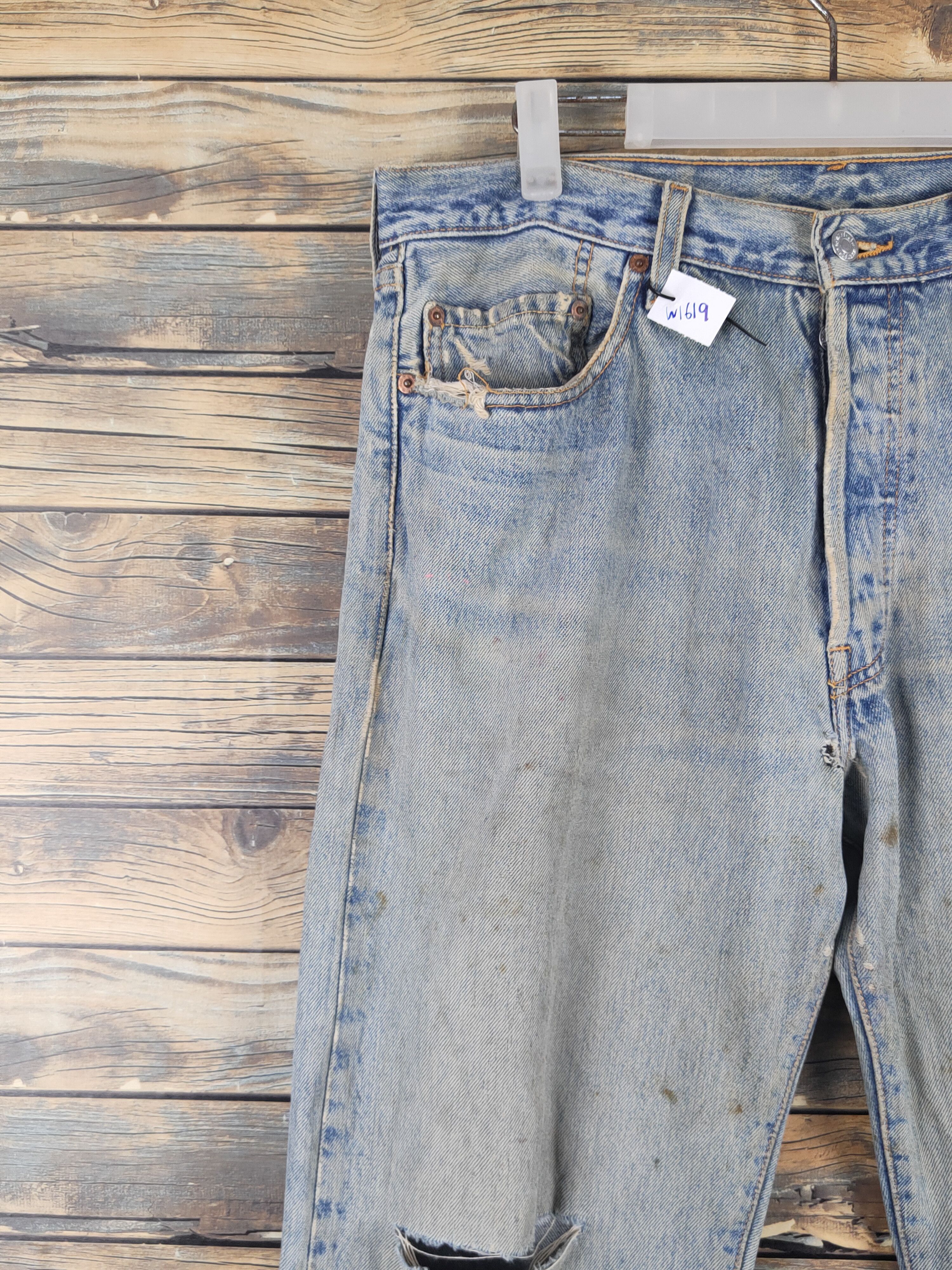 Levi's 501 Levis vintage Blue Distressed Ripped denim Jeans #W1619 Size US 34 / EU 50 - 3 Thumbnail