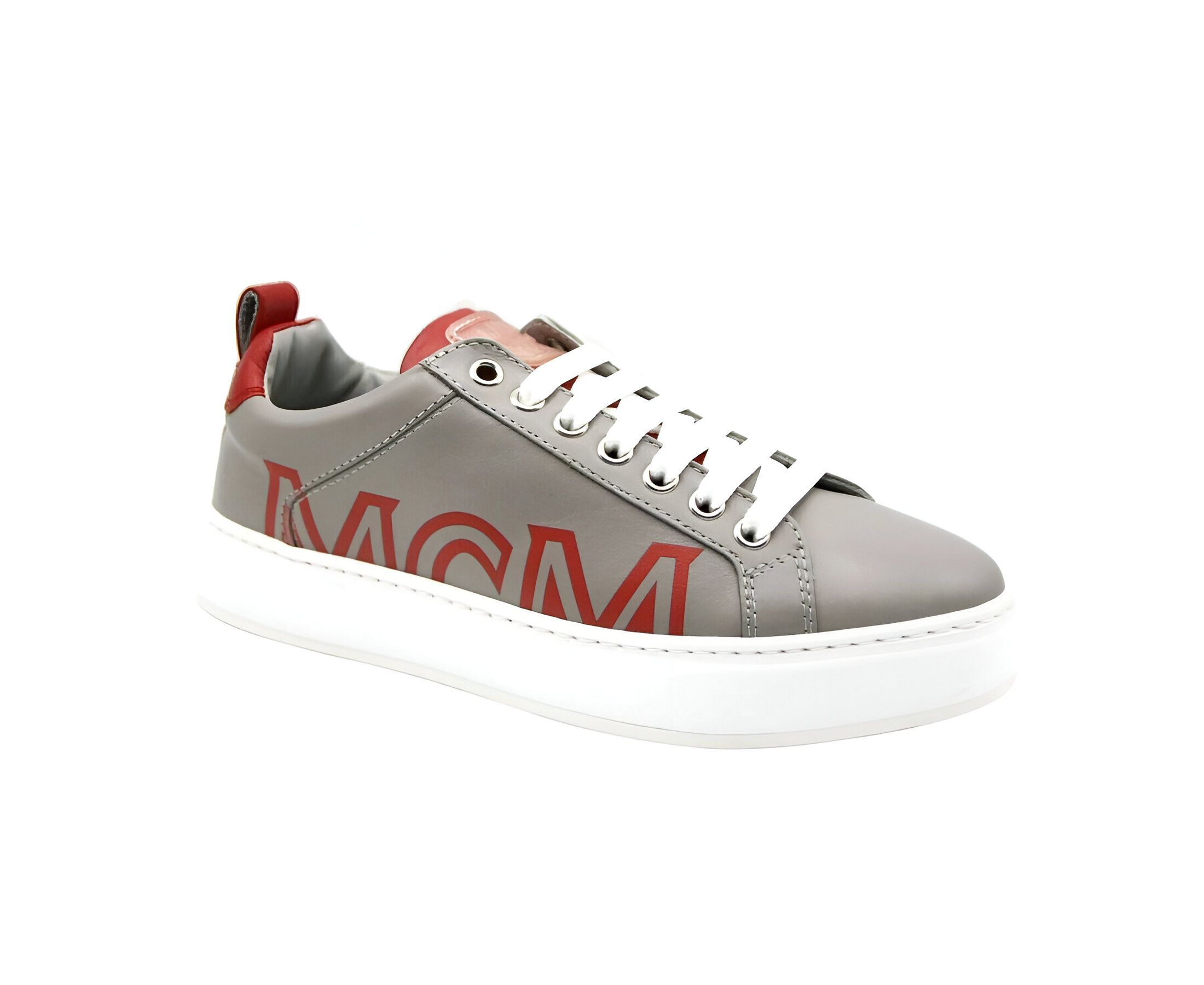 MCM Women's Grey Leather With Red Trim And Logo Low Top Sneaker Size US 6 / IT 36 - 1 Thumbnail