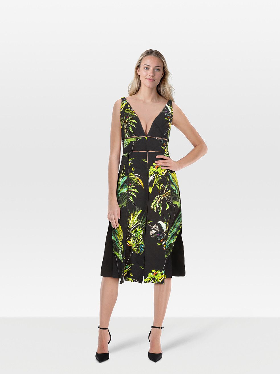 Proenza Schouler Green & Black Leaf Print V Neck Dress Size M / US 6-8 / IT 42-44 - 1 Thumbnail