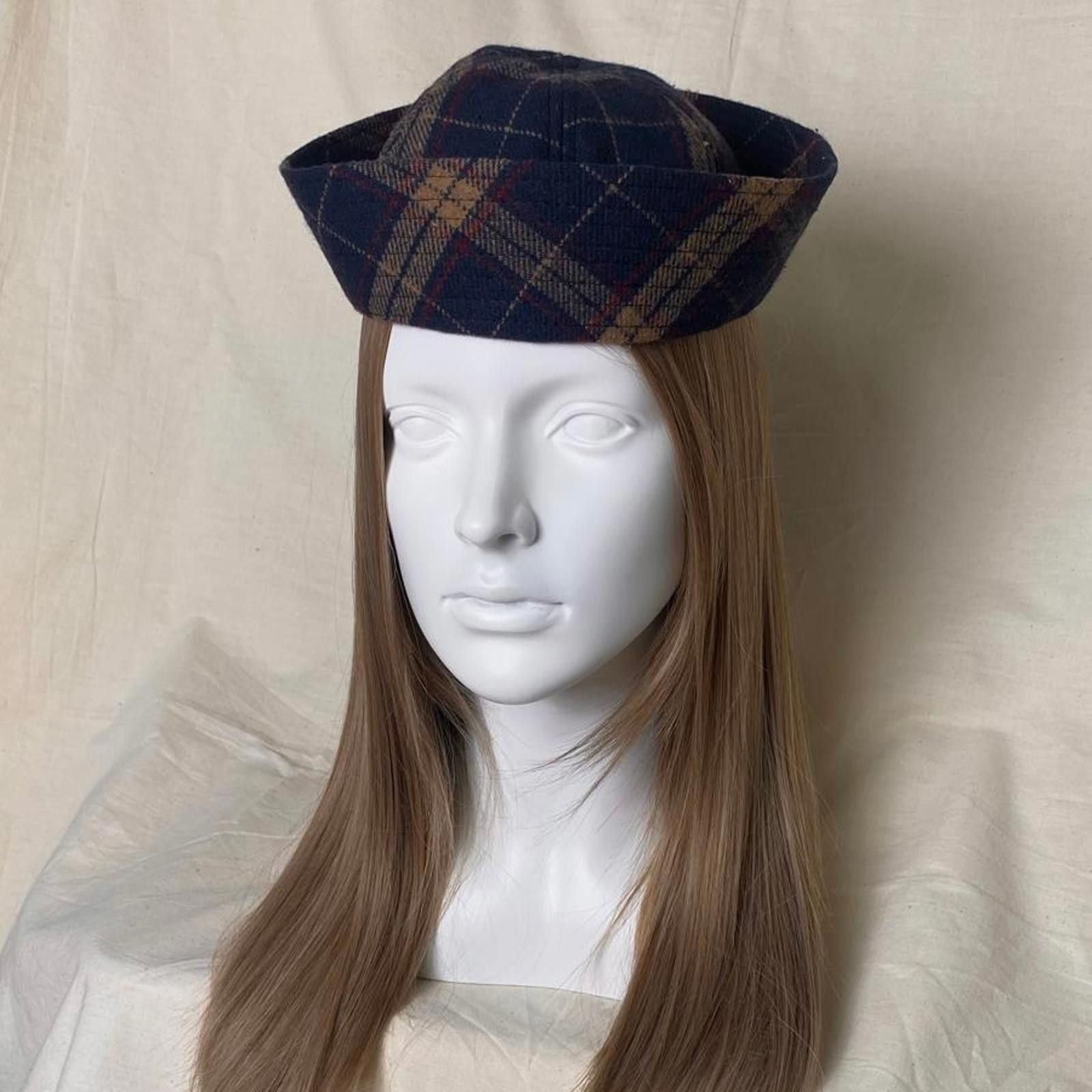 Japanese Brand Retro Wool Blend Navy Plaid Beret Sailor Hat Y2K French Girl Size ONE SIZE - 2 Thumbnail