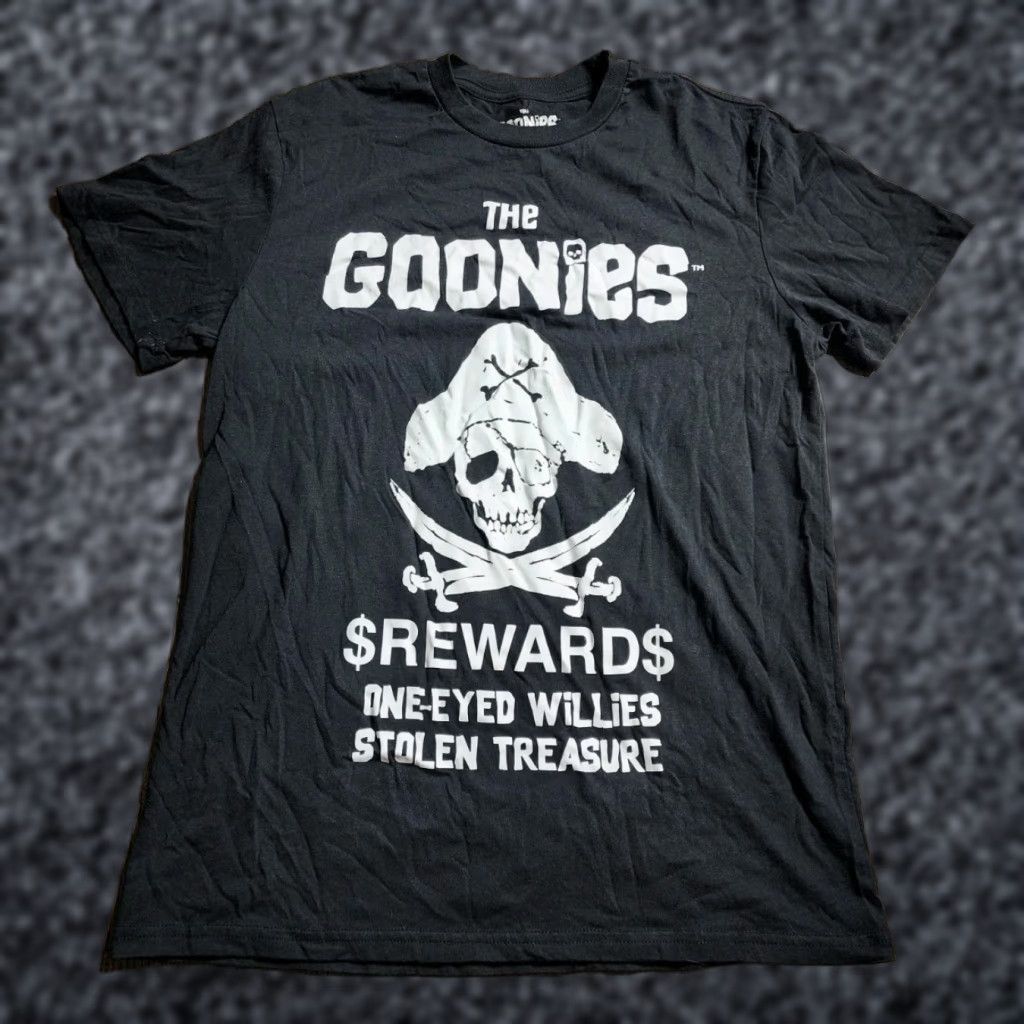 Vintage The Goonies T-Shirt Mens M Black Cotton Polyester Crew Neck Short Sleeve Graphic Print The Goonies Skull One-Eyed Willies Stolen Treasure Vintage No Size US M / EU 48-50 / 2 - 1 Thumbnail