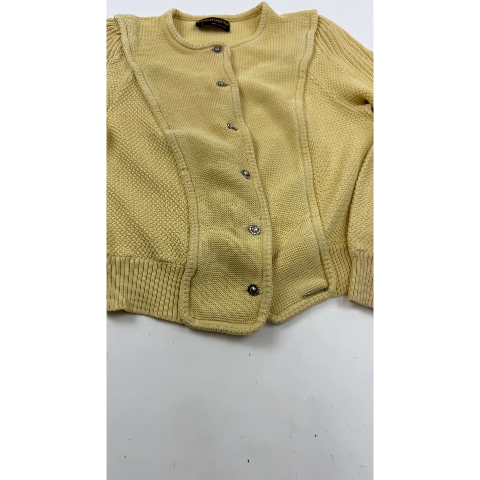 Vintage VINTAGE Geiger Cardigan Sweater Womens 44 Yellow Button Front Knit Austria 100% Cotton Size M / US 6-8 / IT 42-44 - 6 Thumbnail