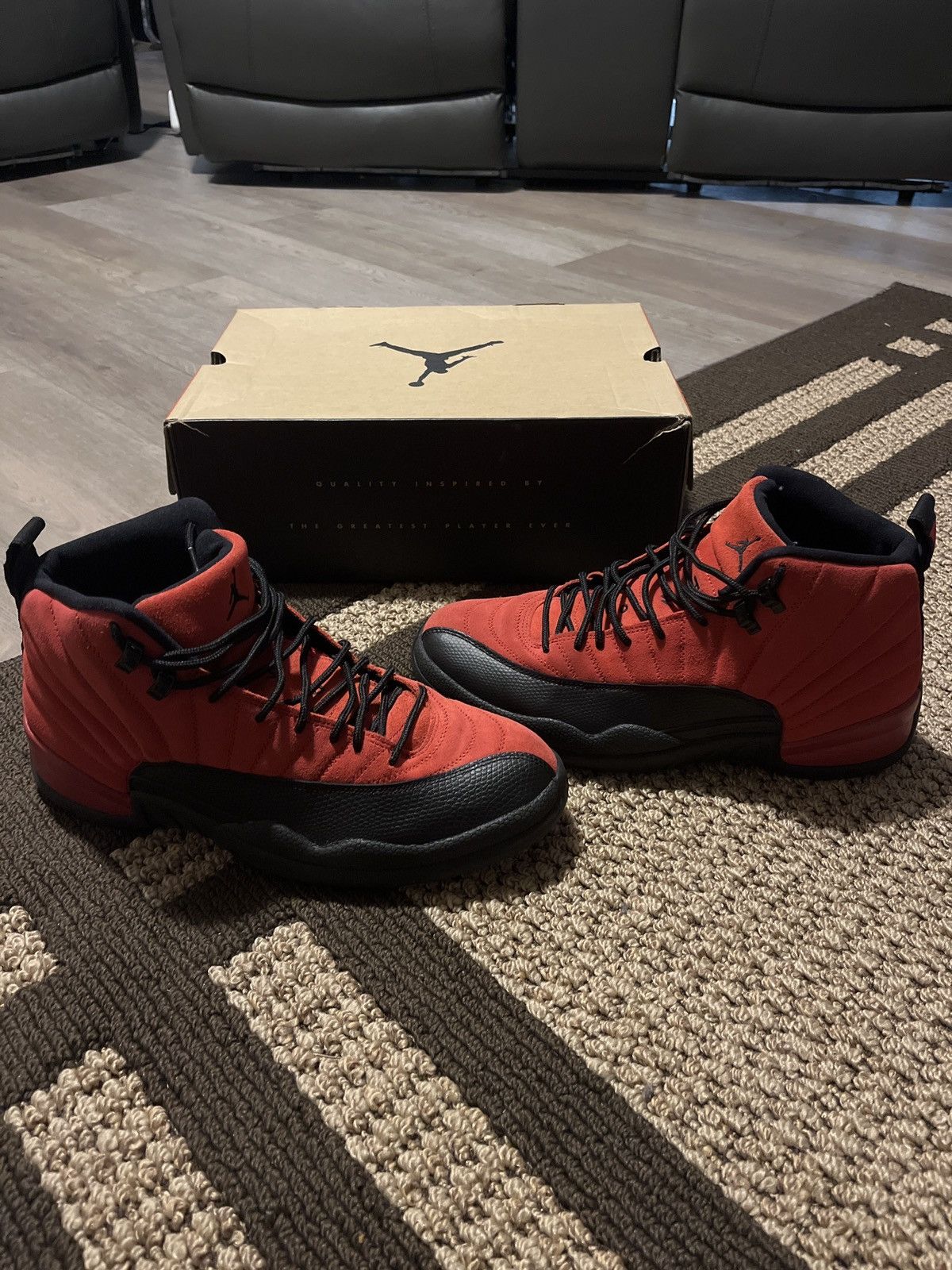 image of Jordan Brand 12 Retro Reverse Flu Game Shoes in Red, Men's