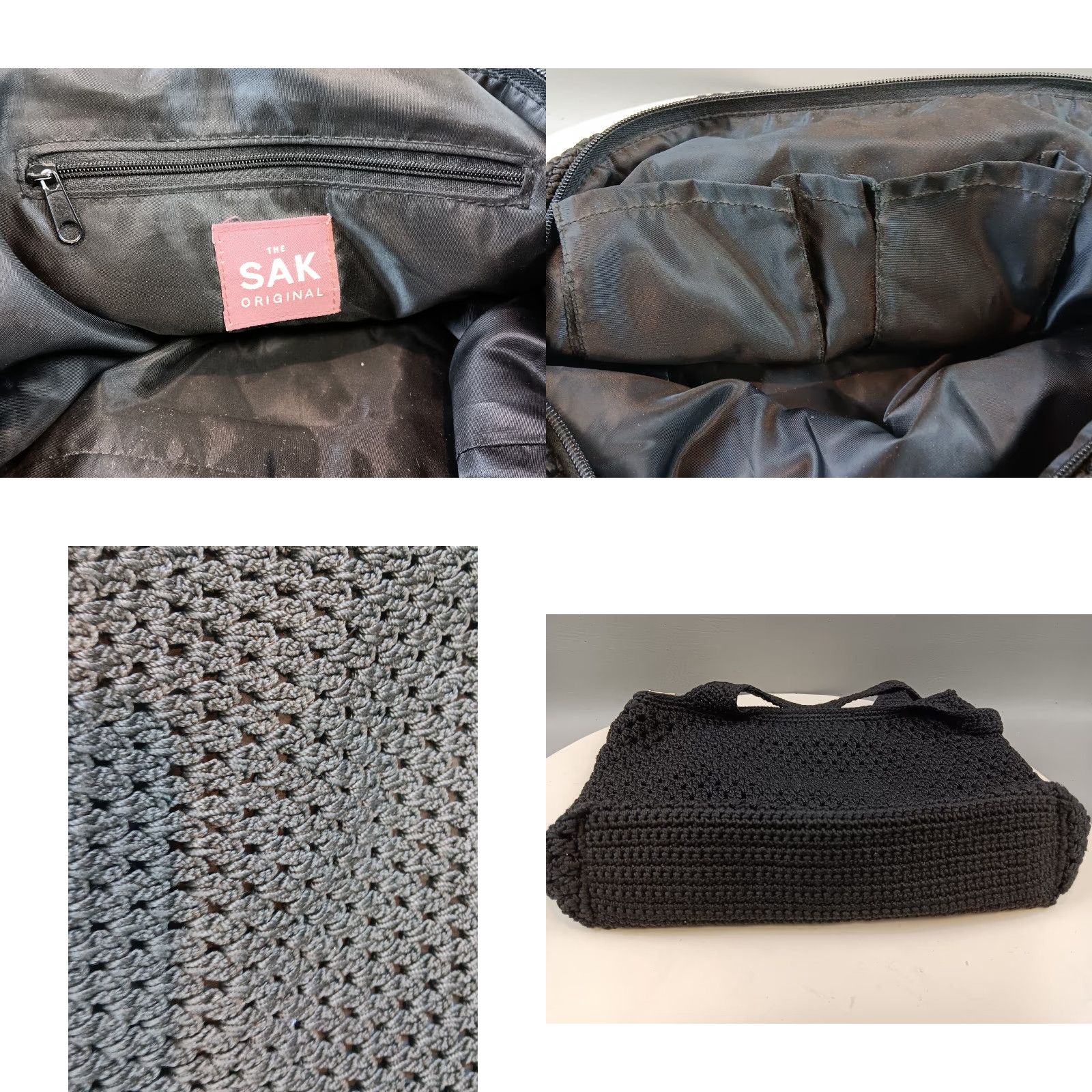 The Sak The Sak Crochet Handbag Black Purse Top Handle Bag Medium 12in x 10in Zip Lined Inner Pockets Double Handles Silver Hardware Womens Size ONE SIZE - 8 Thumbnail