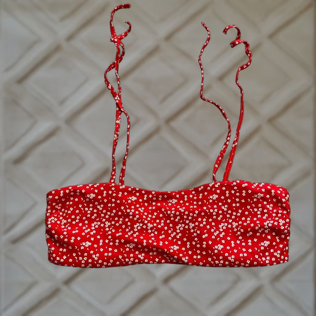 Shein Shein Red Floral Bandeau Bikini Top Large Women Self Tie Spaghetti Strap Beach Swim Top Size L / US 10 / IT 46 - 1 Thumbnail
