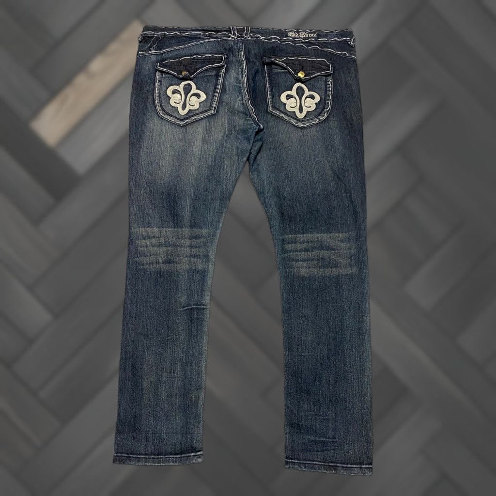 Denime Old Skool Jeans Bootcut Women Size 22W Plus 5-Pocket Dark Wash Denim Embellished Fleur Pockets Size 40" / US 18 - 1 Thumbnail