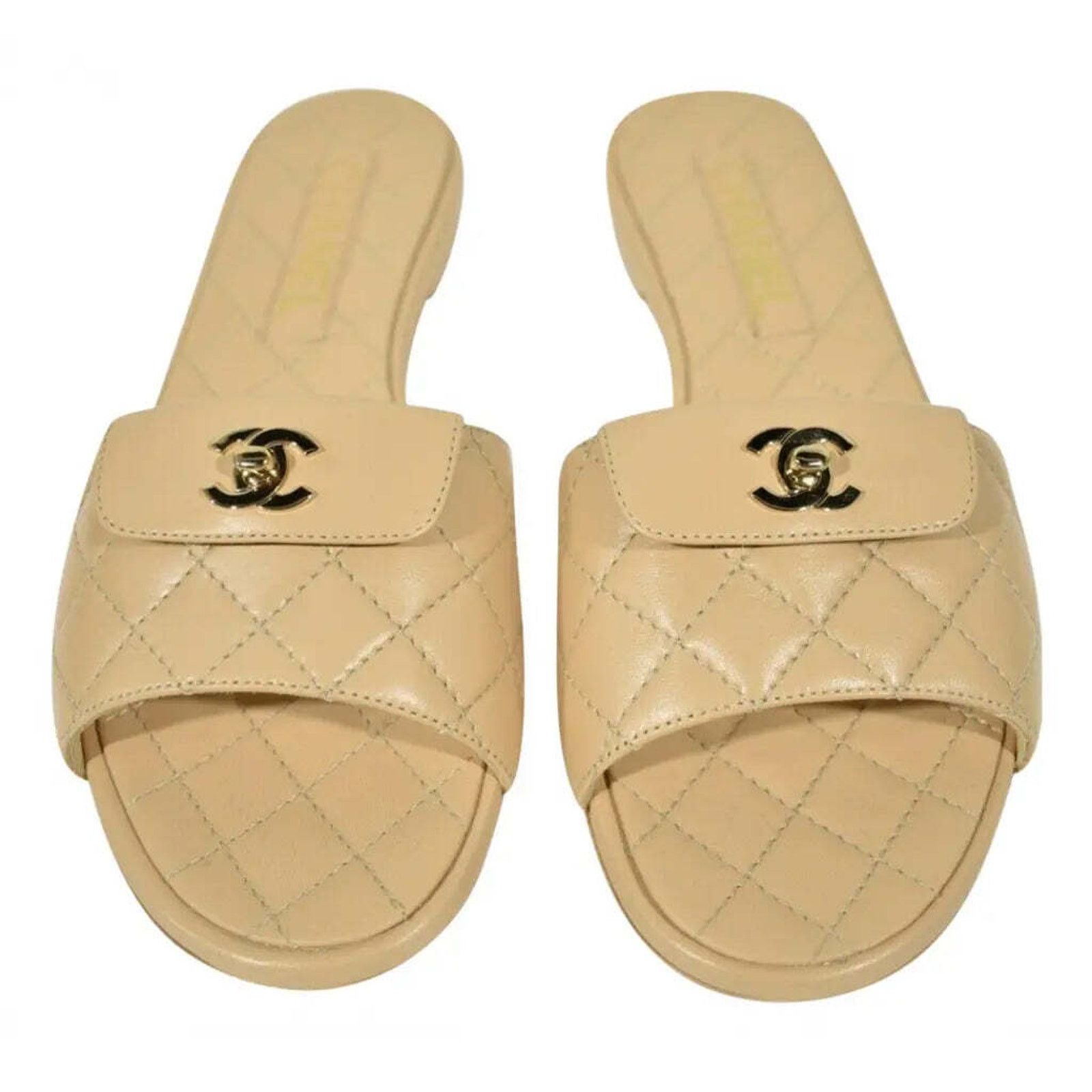 Chanel REV Beige Turnlock Quilted Gold CC Logo Mules Slide