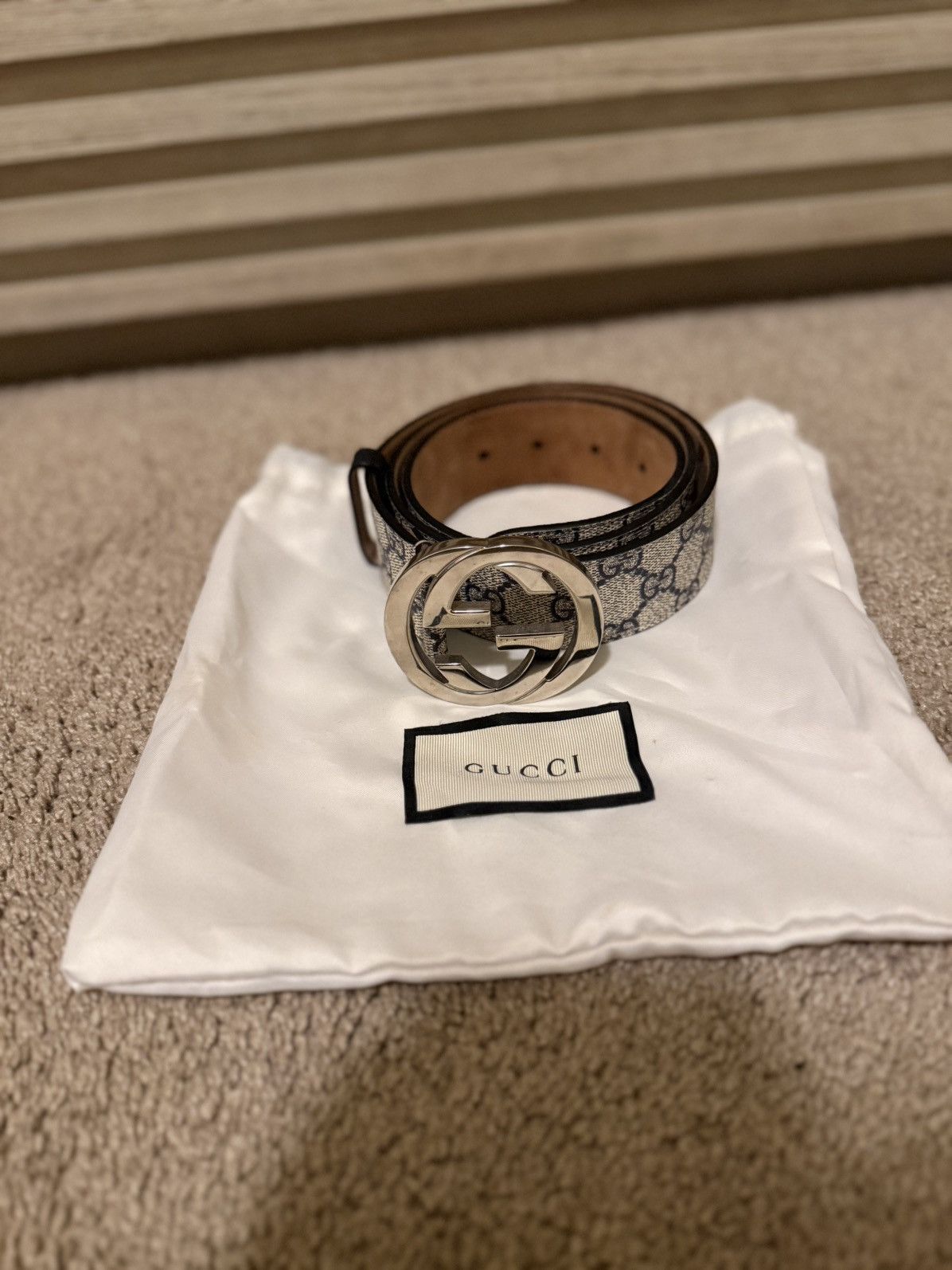 Gucci Gucci GG Supreme Interlocking G Belt Navy Silver 90/36 Size 36 - 1 Thumbnail