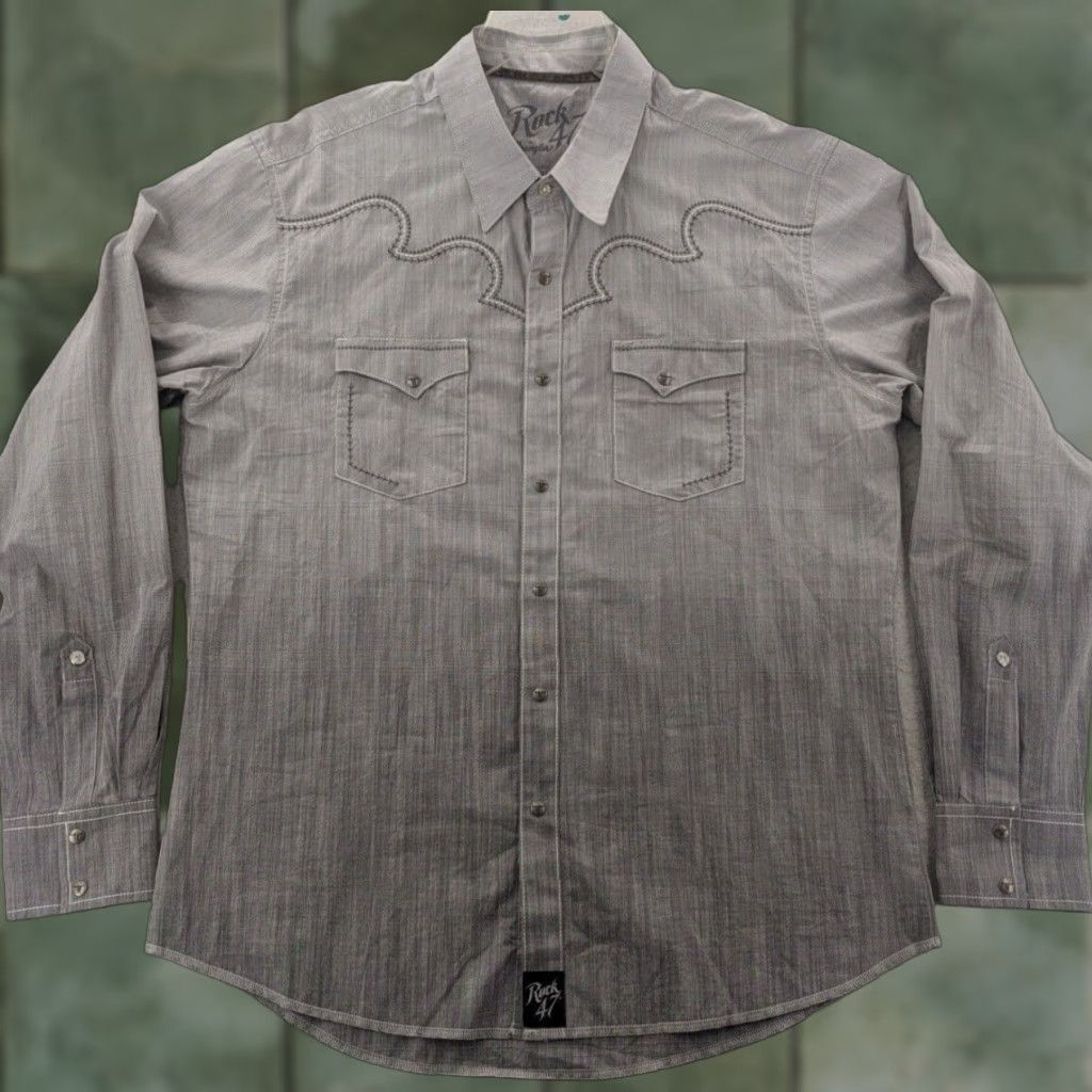 Wrangler Wrangler Rock 47 Button-Up Shirt Mens XL Gray Long Sleeve Snap Collared Western Embroidered Size US XL / EU 56 / 4 - 1 Thumbnail