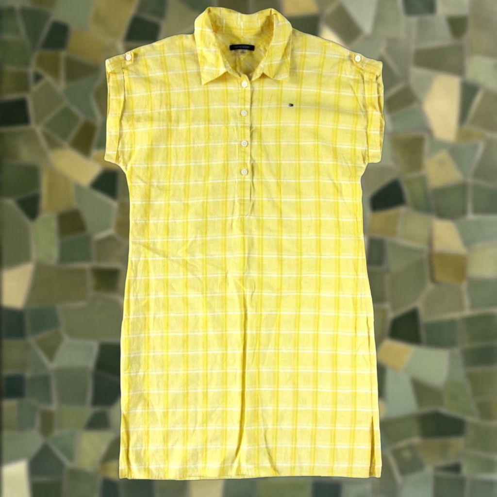 Tommy Hilfiger Tommy Hilfiger Shirt Dress Cap Sleeve Linen Yellow Plaid Tunic Collared Button 10 Midi Womens Size L / US 10 / IT 46 - 1 Thumbnail