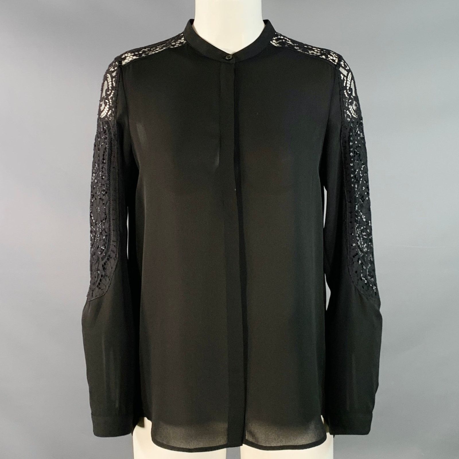 The Kooples Black Polyester Collarless Lace Trim Hidden Buttons Blouse Size S / US 4 / IT 40 - 1 Thumbnail