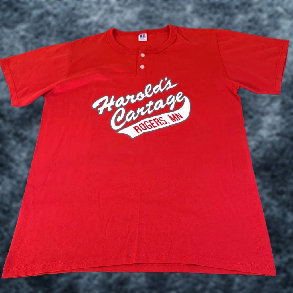 Russell Athletic VINTAGE Russell Athletic Harold's Cartage Red Shirt Mens 2XL T-Shirt Graphic Print Henley Short Sleeve Retro 90s Size US XXL / EU 58 / 5 - 1 Thumbnail