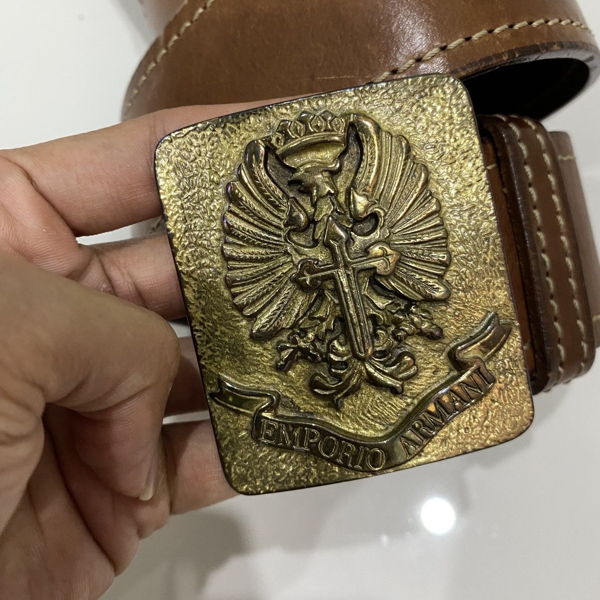 Emporio Armani VTG Emporio Armani Spanish Civil War Eagle Buckle Leather Size 32 - 2 Thumbnail