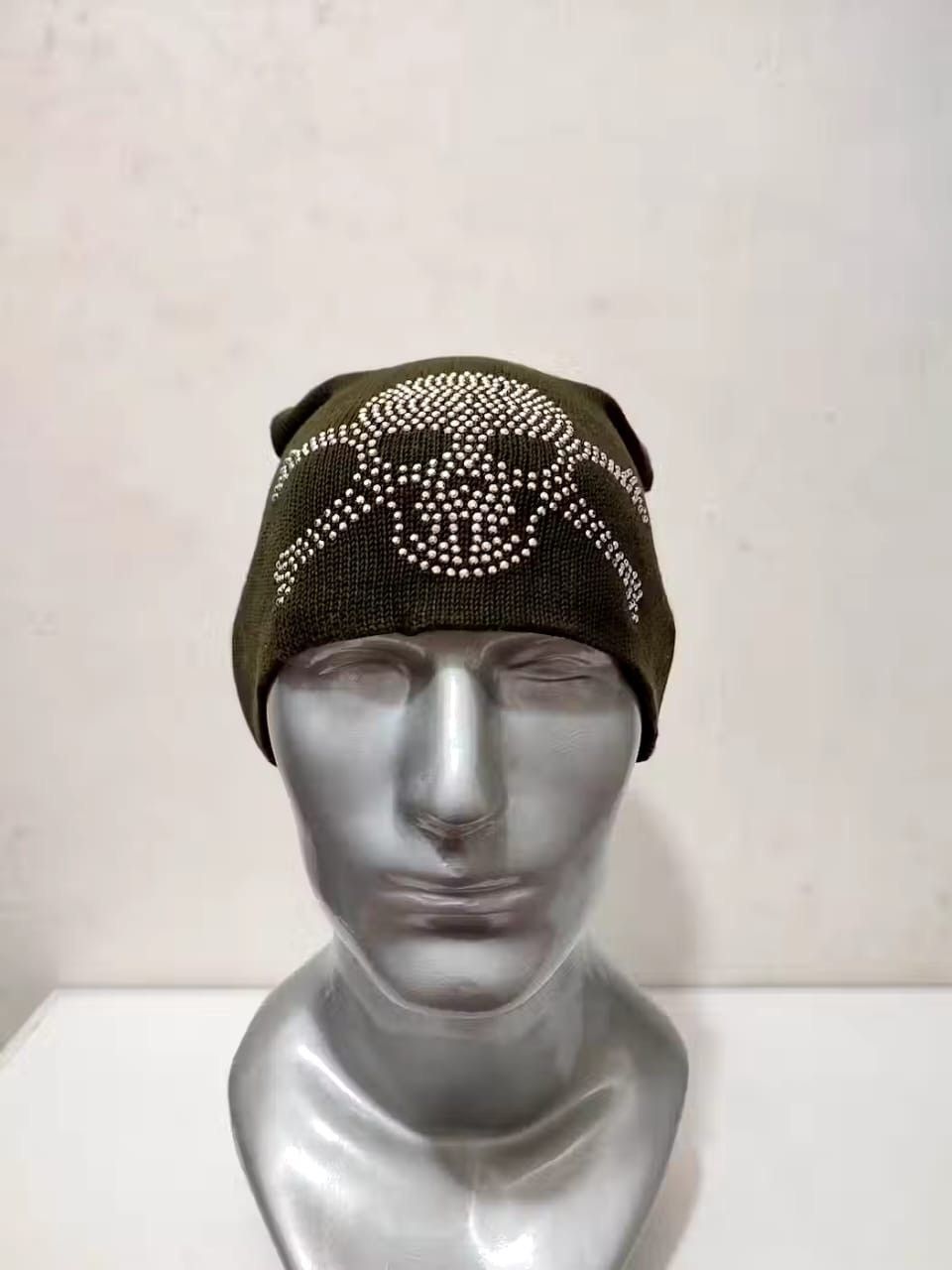 image of Avant Garde Unknown Skull Beanie Punk Rock Bondage Hats in Olive, Men's
