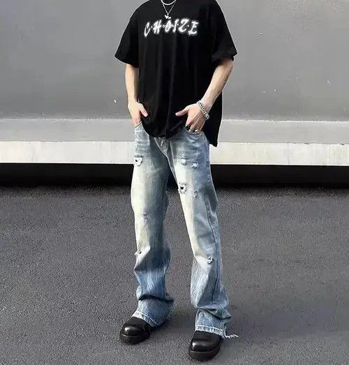 Japanese Brand VIBE Street washed ripped hip hop wide leg jeans Size US 32 / EU 48 - 2 Thumbnail