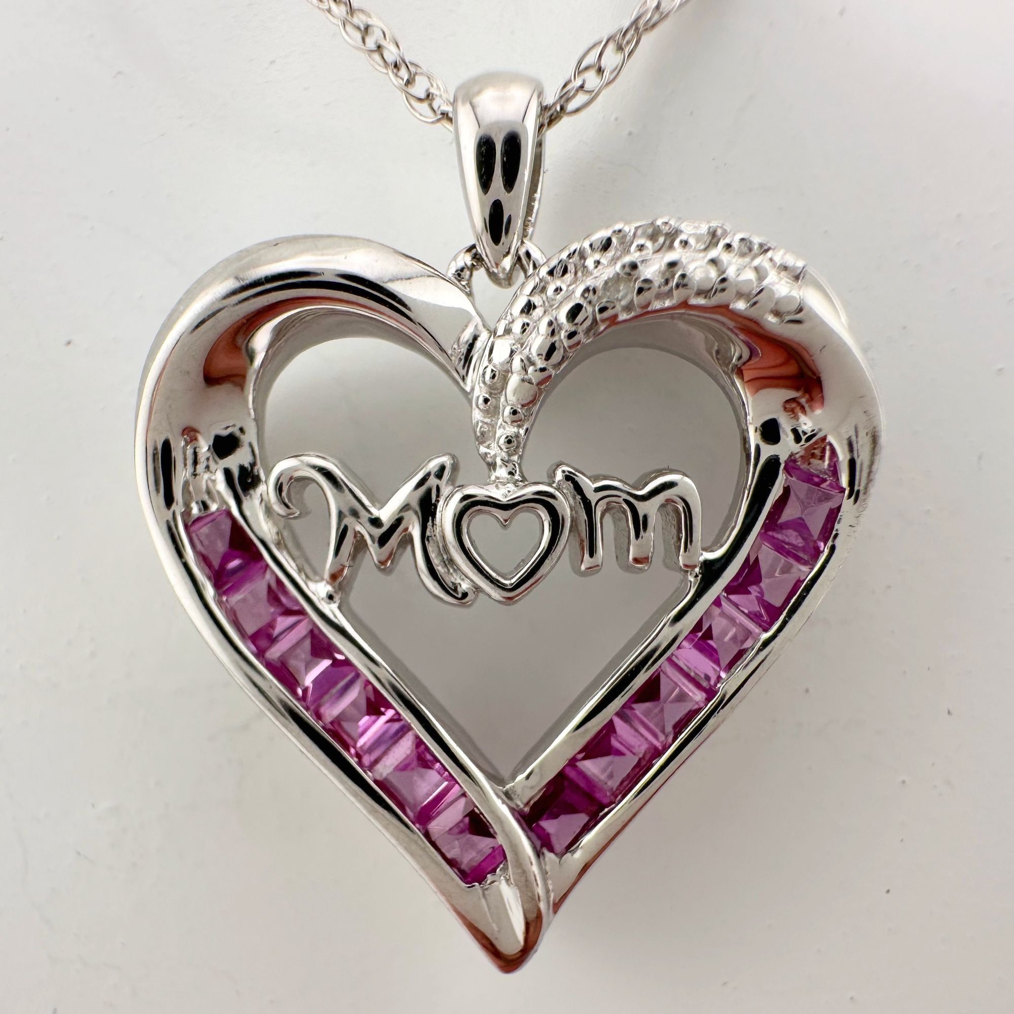 Other Pink Sapphire 'MOM' Heart Necklace with Diamond Accent Size ONE SIZE - 3 Thumbnail