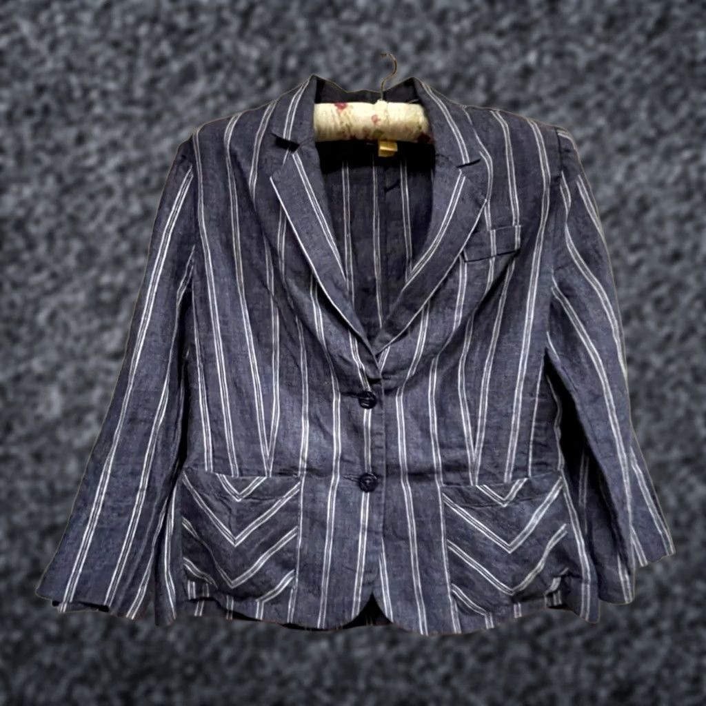 Vintage Cabi Womens Blue White Striped Linen Puff Sleeve Two-Button Blazer Jacket Size 8 Size M / US 6-8 / IT 42-44 - 1 Thumbnail