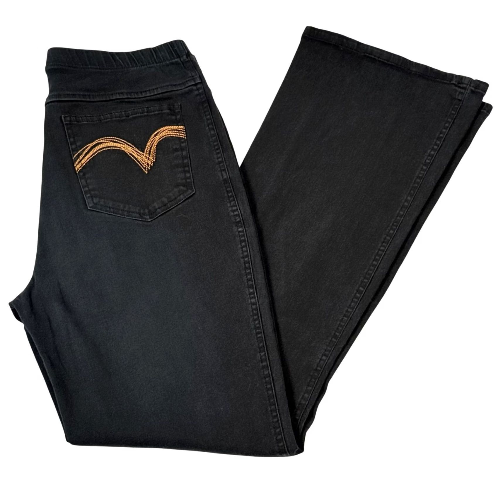 Vintage Metrostyle Pants Medium Black Stretch Pull On Bootcut Flare Jeans Embroidered Womens Denim Knit Elastic Waist Pockets Embroidery Size 32" / US 10 / IT 46 - 2 Thumbnail