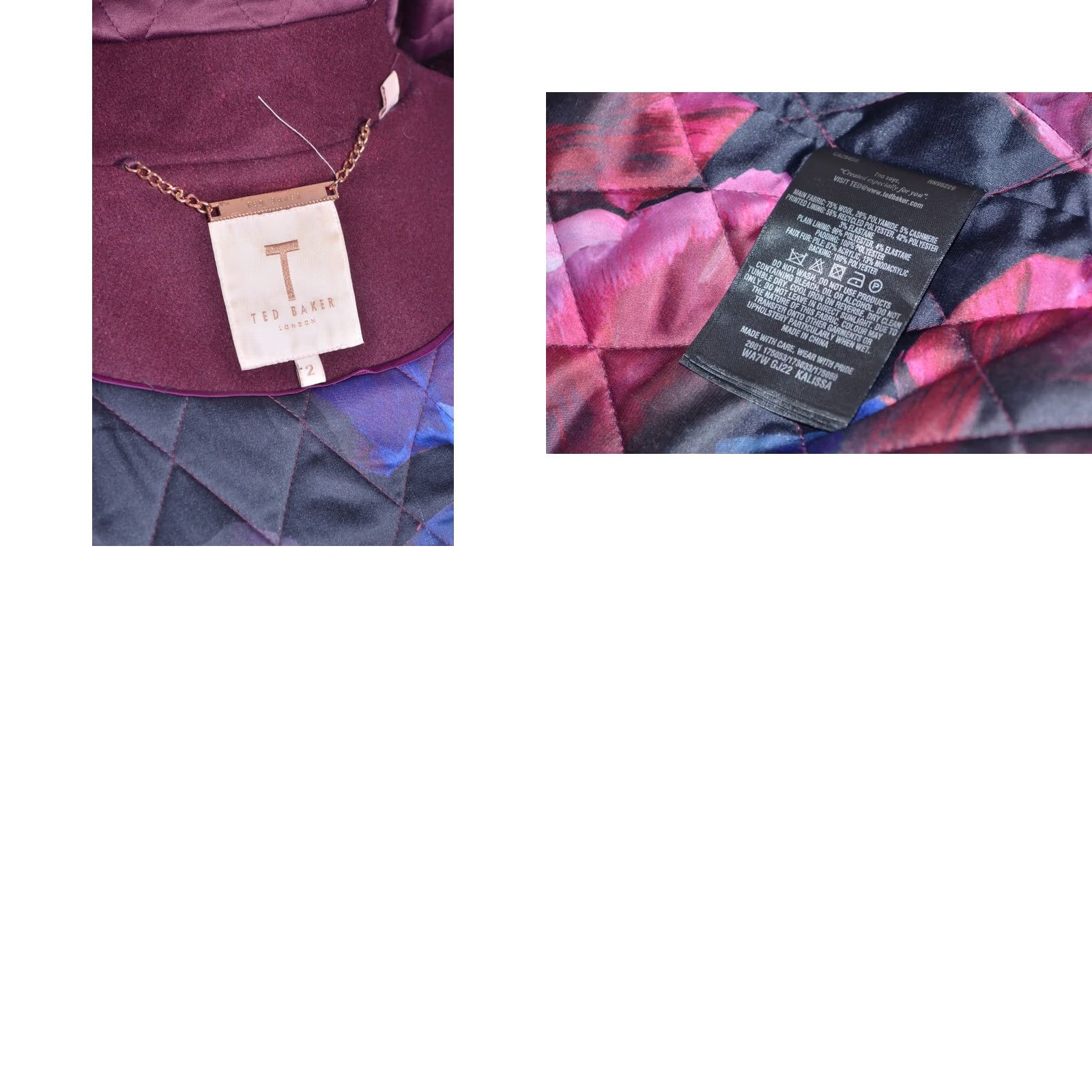 Ted Baker Ted Baker Women's Coat Wool Blend Burgundy Faux Fur Collar Overcoat Winter, Size 2, Regular, Long Sleeve, Zip, Button, Casual, Designer, Adult Womens Size XS / US 0-2 / IT 36-38 - 8 Thumbnail