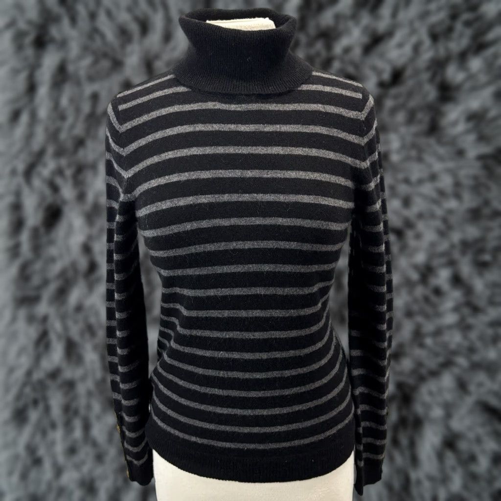 Vintage VINTAGE Peck & Peck 100% Cashmere Turtleneck Sweater Women's Medium Black Grey Stripe Classic Pullover Size M / US 6-8 / IT 42-44 - 1 Thumbnail