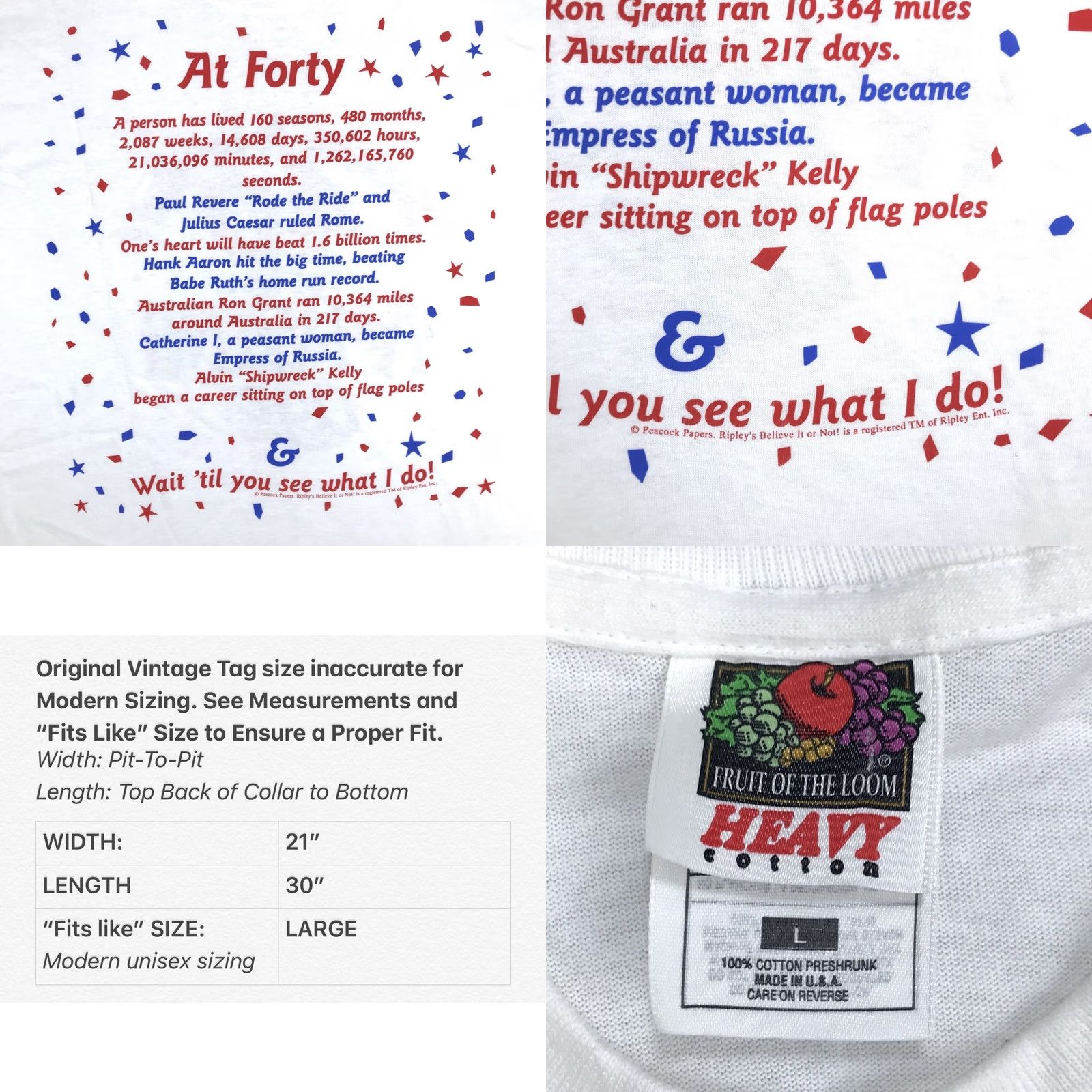 Fruit Of The Loom NOS vtg 90s RIPLEY’S BELIEVE IT OR NOT 40 IS THE MOST AMAZING AGE T-Shirt L bday Shirt Men White Cotton Double-Sided Vintage 80s 90s Funny Novelty Size US L / EU 52-54 / 3 - 8 Thumbnail