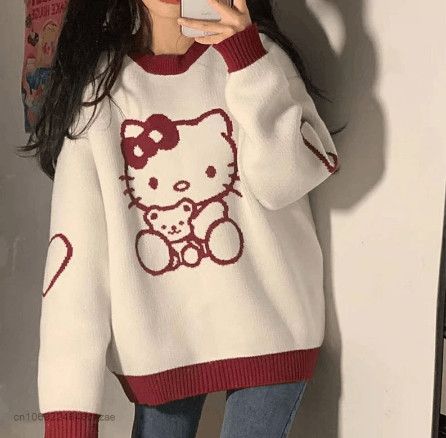 image of Vintage Sanrio Hello Kitty Sweater in Red/White, Women's (Size Large)