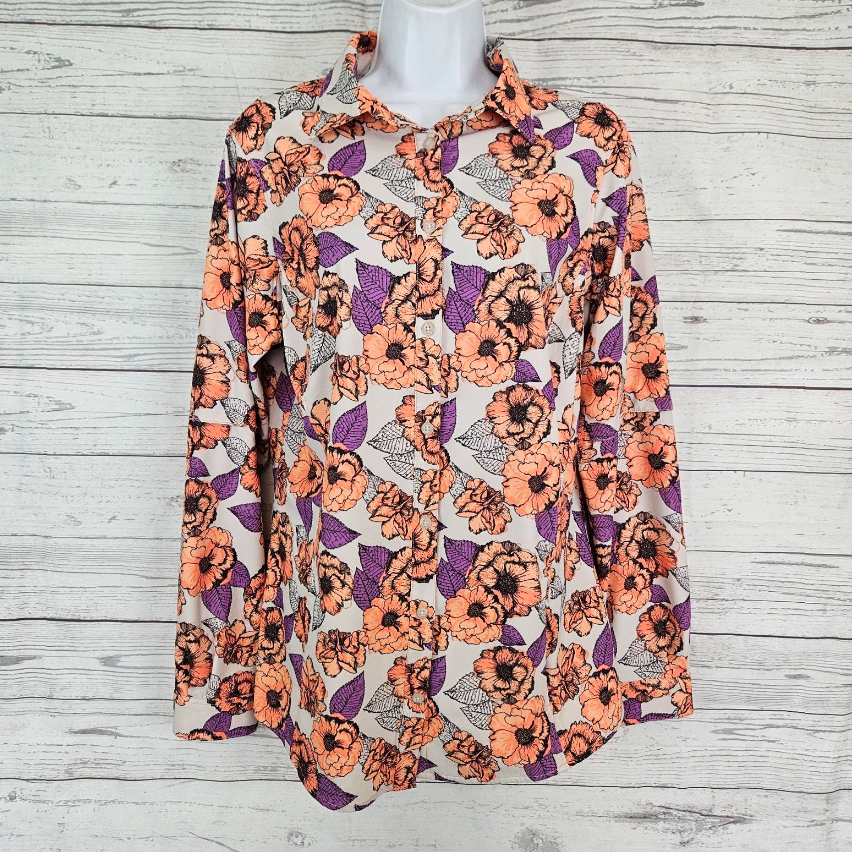Vintage Duluth Womens Sidewinder Printed Gardening Shirt Sz M Purple Orange Floral Long Sleeve Button-Up Collared Pockets Size M / US 6-8 / IT 42-44 - 2 Thumbnail