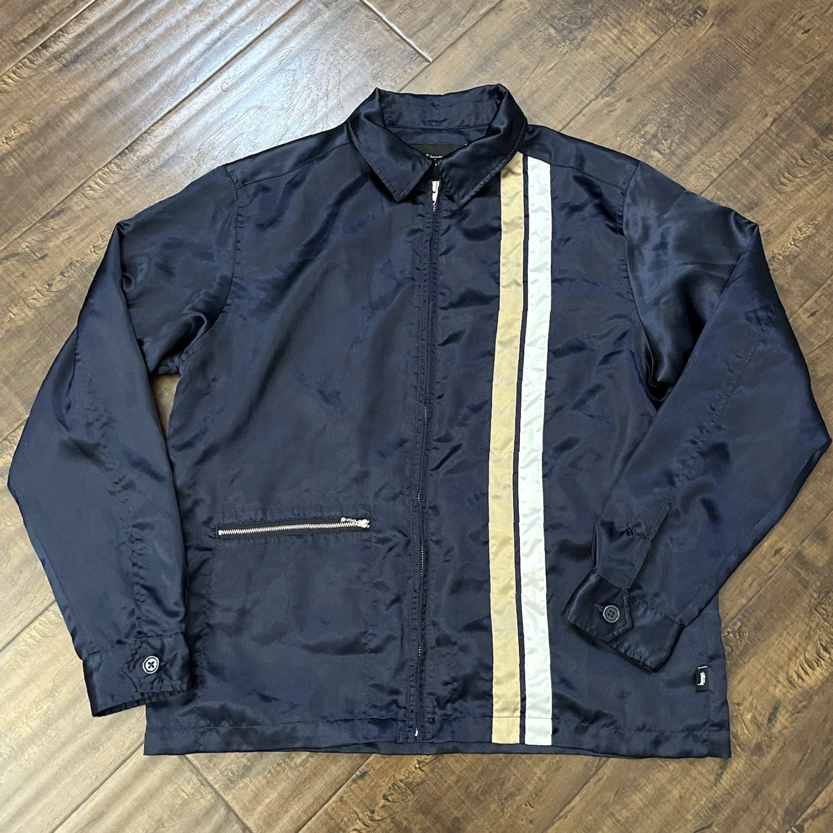 Vintage Stussy Mens Navy Blue Satin Racing Full Zip Jacket Medium Cafe Vintage RARE Size US M / EU 48-50 / 2 - 2 Thumbnail