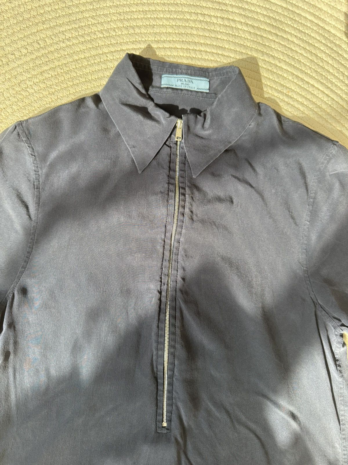 Prada navy zip up polo silk shirt