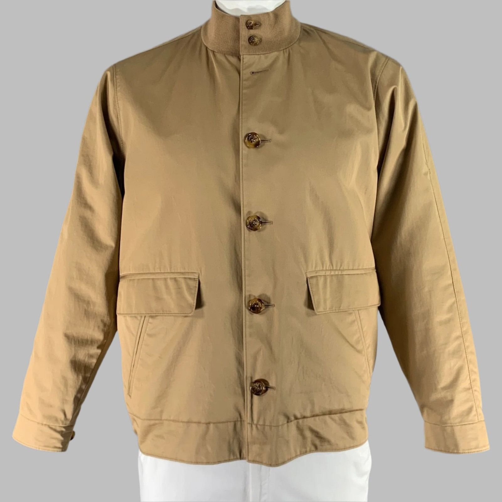 LORO PIANA Size XL Khaki Solid Cotton Buttoned Jacket