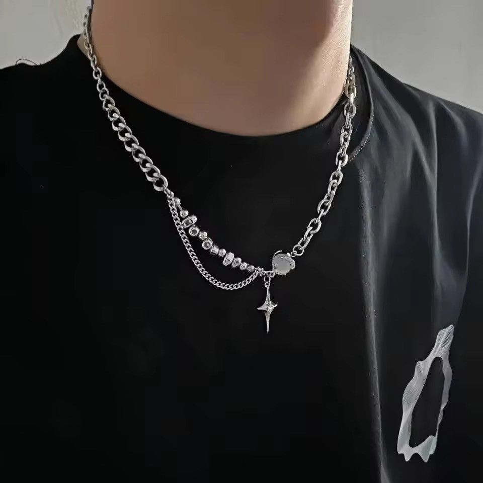 Japanese Brand Layered Star Cross Necklace Silver Chain Bead Goth Eboy Size ONE SIZE - 1 Thumbnail