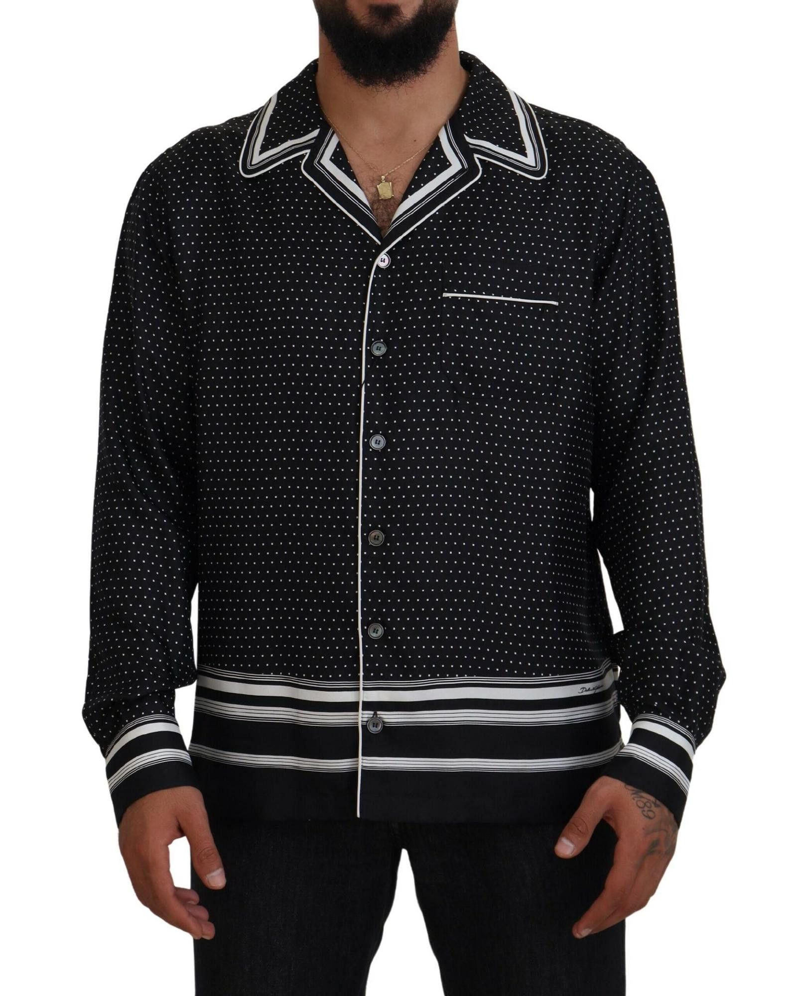 image of Dolce Gabbana Polka Dot Silk Pajama Top in Blackwhite, Men's (Size Medium)