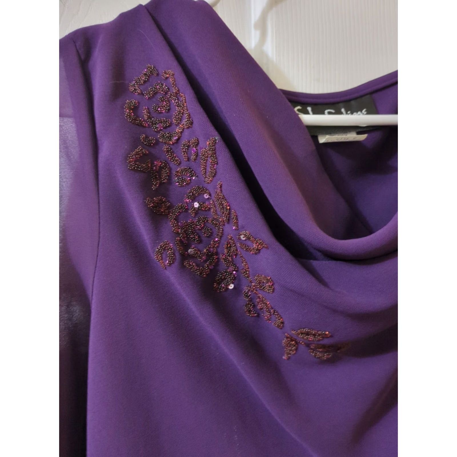 Vintage S.L. Fashions Blouse Top Purple Purple 6 3/4 Sleeve Cowl Neck Beaded Chiffon Sheer Slim Adult Women Blouse Size M / US 6-8 / IT 42-44 - 3 Thumbnail