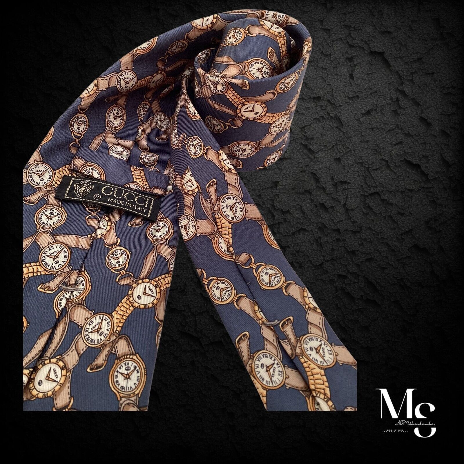 Gucci GUCCI Blue Watches Print Silk Tie Made In Italy W: 3.7" EC Size ONE SIZE - 3 Thumbnail