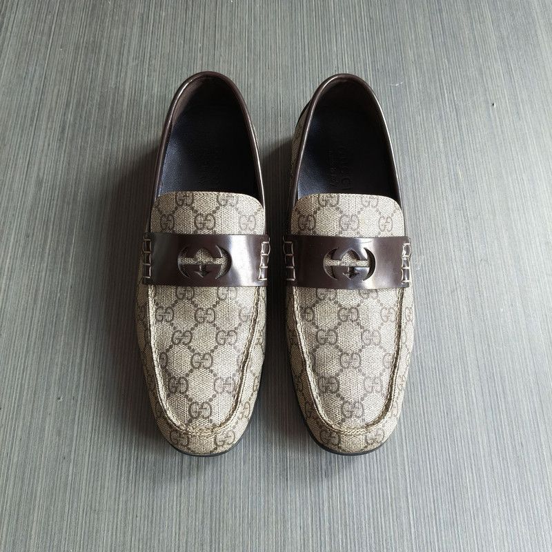 Gucci Beige Brown GG Canvas Moccasin Driver -
