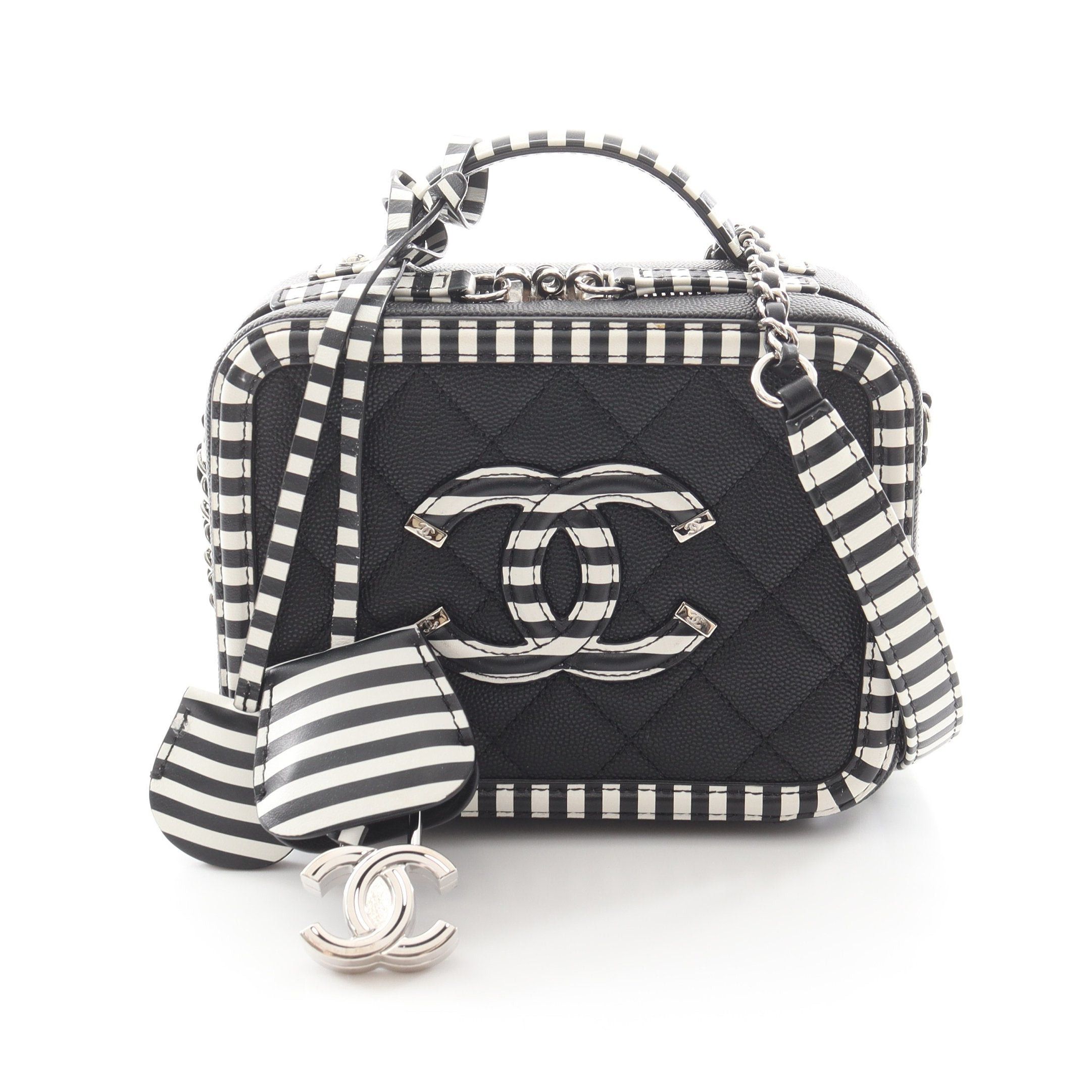 Chanel Chanel Cc Filigree Small Vanity Bag Chain Shoulder Stripes Caviar Skin Black White Silver Hardware Size ONE SIZE - 1 Thumbnail
