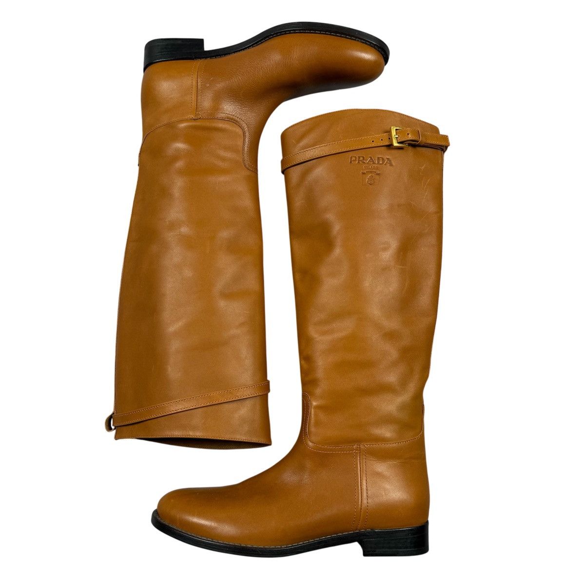 Prada PRADA Camel Leather Logo Belted Knee-High Riding Boots Size US 9 / IT 39 - 3 Thumbnail