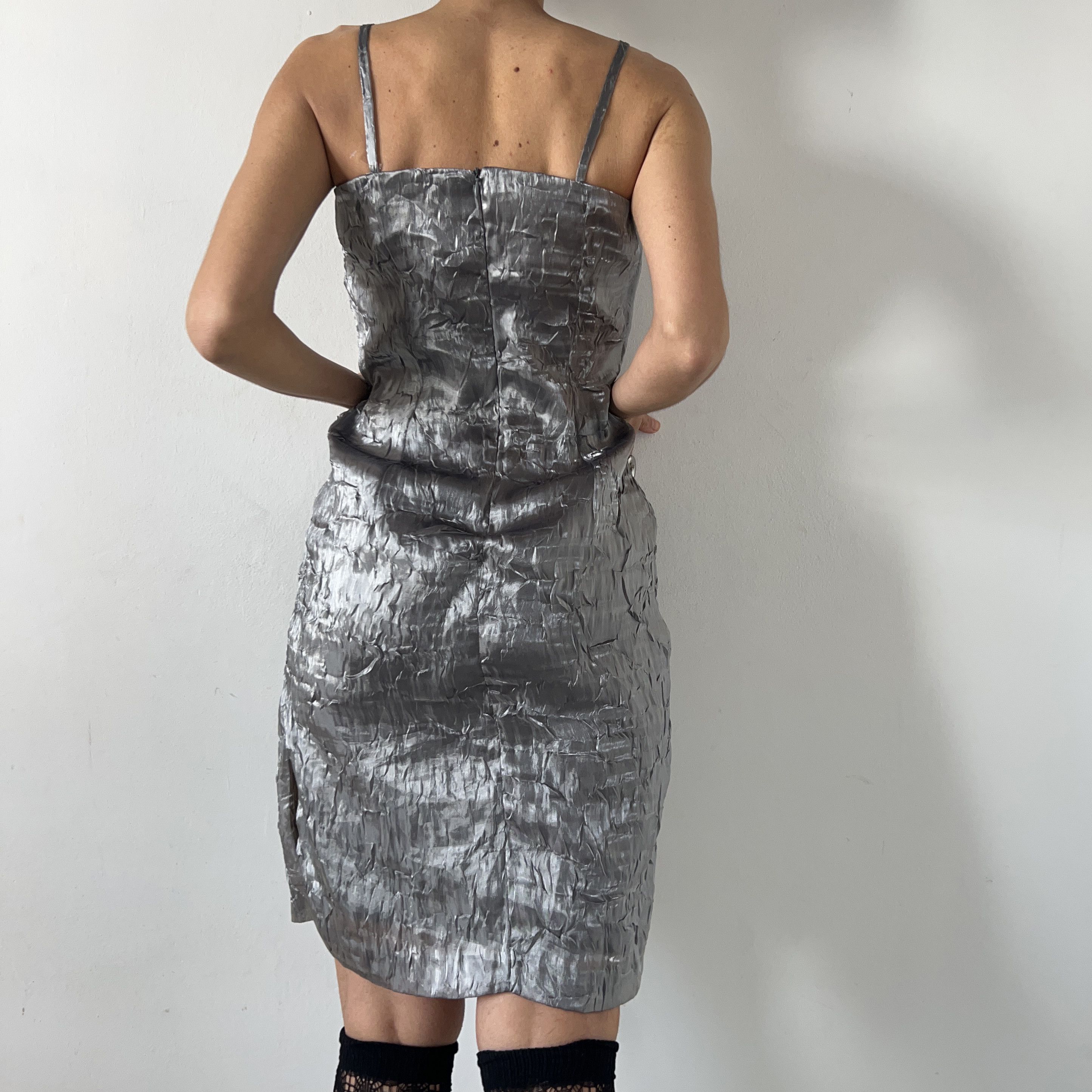 Vintage Vintage silver crinkle raver slip dress Size S / US 4 / IT 40 - 3 Thumbnail