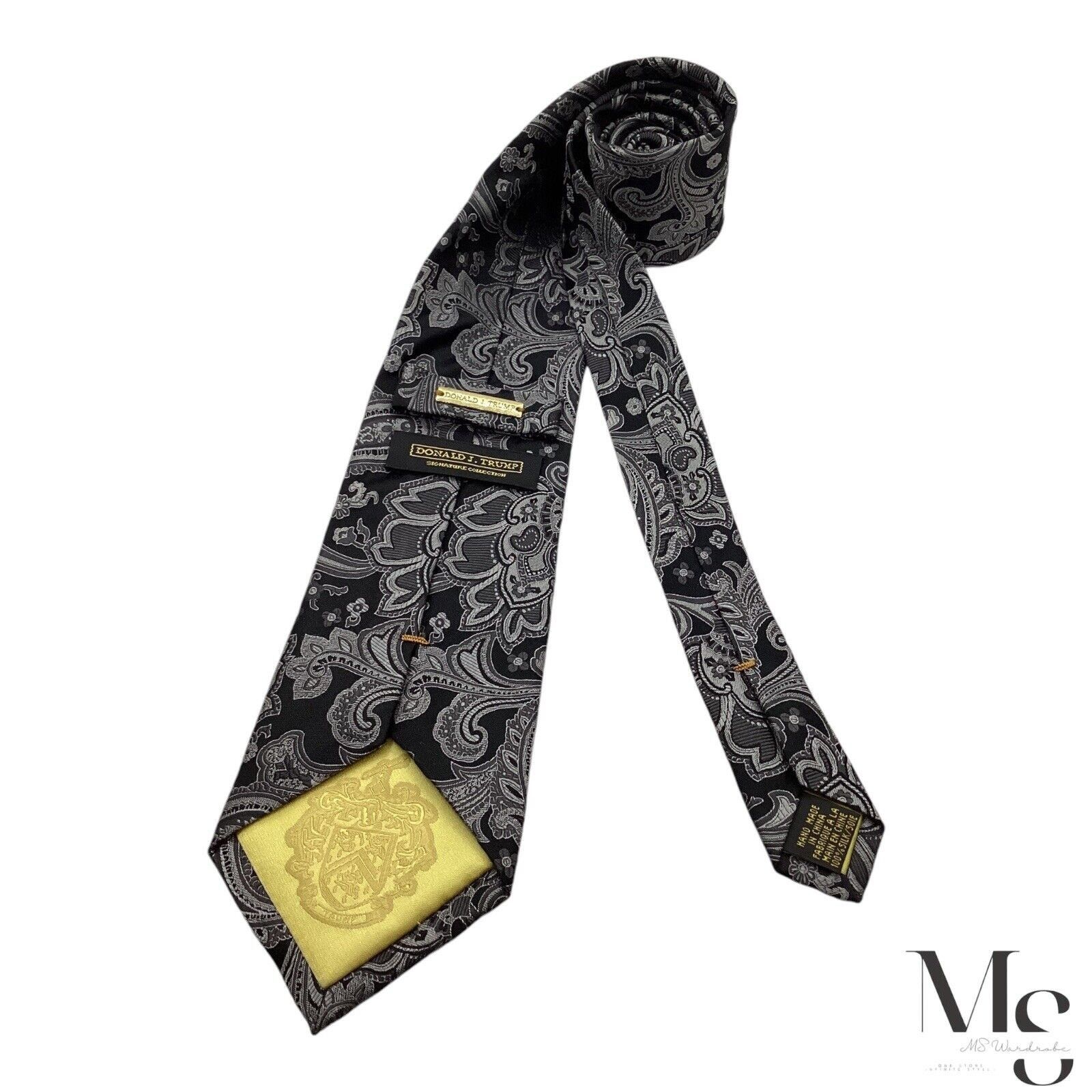 Donald Trump DONALD J. TRUMP Black & Silver Paisley Luxury Silk Tie Hand Size ONE SIZE - 2 Thumbnail