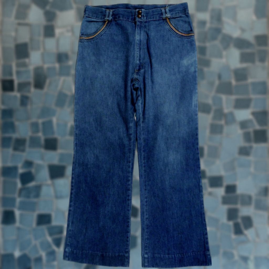 Nique VINTAGE 1970s Denim Jeans by POST GRADS H.I.S Hippy Boho Style Adult 35x30 Blue Unique Pockets USA Made Size US 35 - 1 Thumbnail