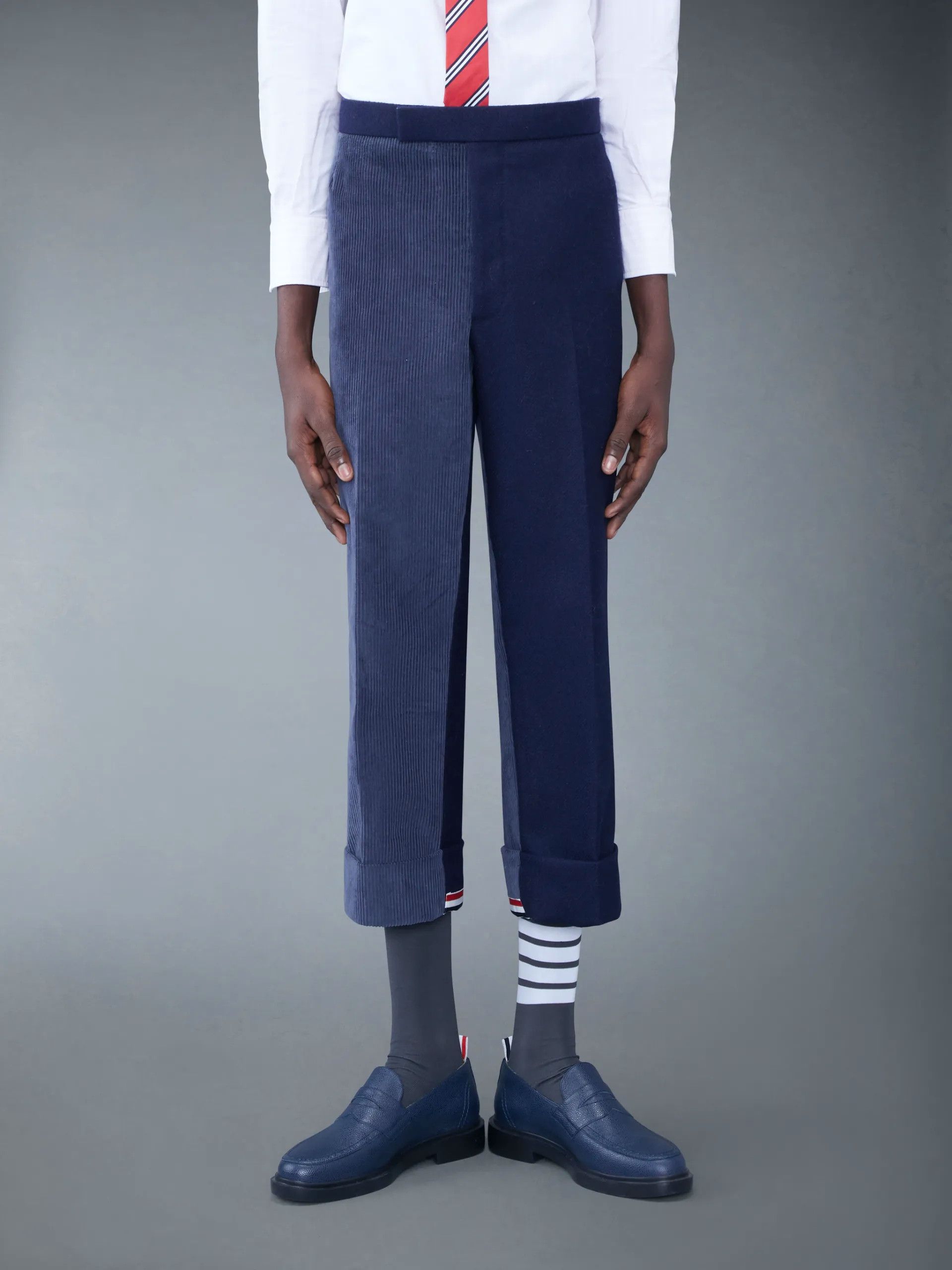 THOM BROWNE Fun-Mix blue wool & corduroy backstrap pants