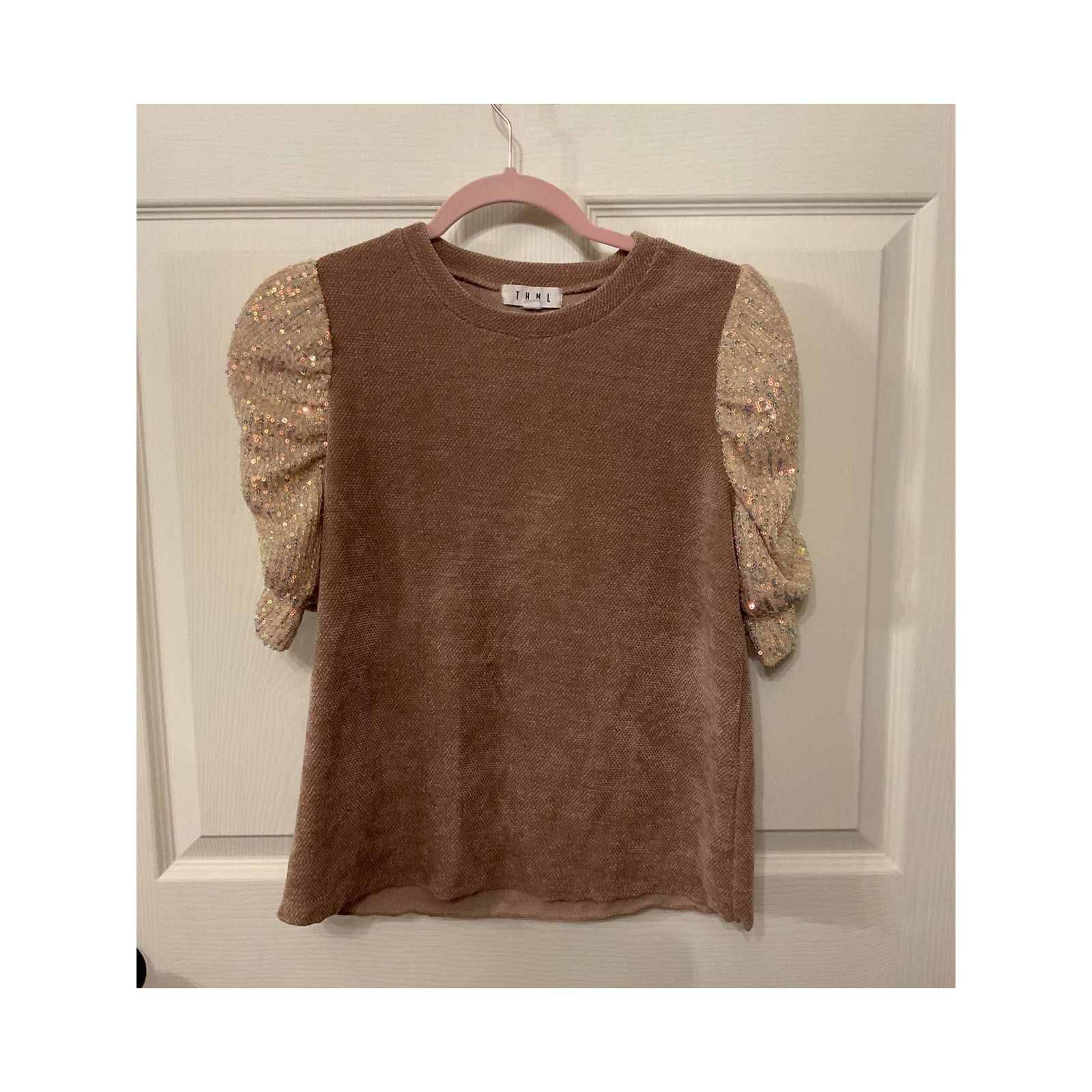 Anthropologie THML Short Gathered Puff Sequin Sleeve Chenille Sweater , S Size S / US 4 / IT 40 - 1 Thumbnail